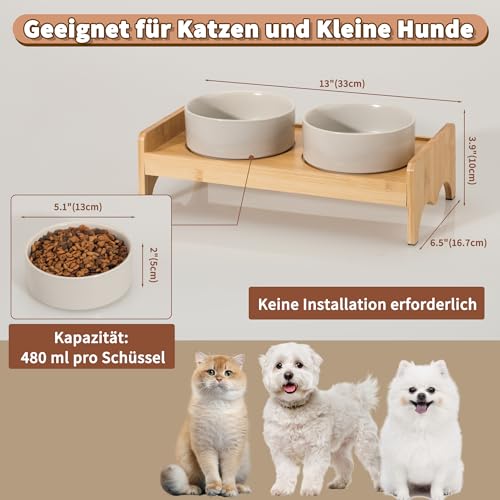 Elevated Ceramic Dog Bowl Set - Double Dog Bowls with Bamboo Stand Anti Vomiting - Raised Dog Food and Water Bowl Set - Small Dog Feeding Bowls - Pet Dishes for Cats and Puppies - 16.23 OZ - 2 Cups