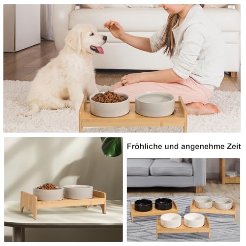 Elevated Ceramic Dog Bowl Set - Double Dog Bowls with Bamboo Stand Anti Vomiting - Raised Dog Food and Water Bowl Set - Small Dog Feeding Bowls - Pet Dishes for Cats and Puppies - 16.23 OZ - 2 Cups