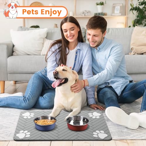 Pet Feeding Mat-Absorbent Pet Placemat for Food and Water Bowl, with Waterproof Rubber Backing, Quick Dry Water Dispenser Mat for Dog and Cat (12"x20", Striped Dark Gray)