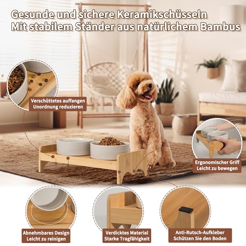 Elevated Ceramic Dog Bowl Set - Double Dog Bowls with Bamboo Stand Anti Vomiting - Raised Dog Food and Water Bowl Set - Small Dog Feeding Bowls - Pet Dishes for Cats and Puppies - 16.23 OZ - 2 Cups