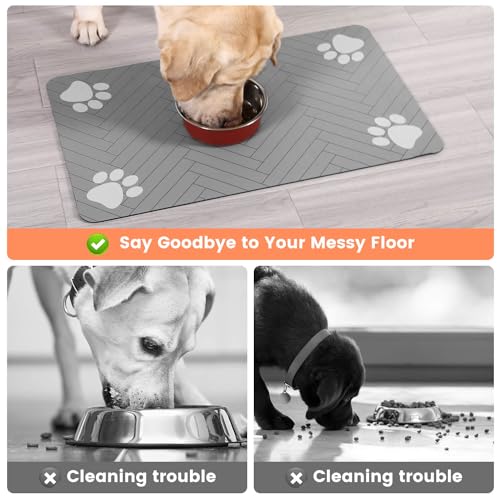 Pet Feeding Mat-Absorbent Pet Placemat for Food and Water Bowl, with Waterproof Rubber Backing, Quick Dry Water Dispenser Mat for Dog and Cat (12"x20", Striped Dark Gray)