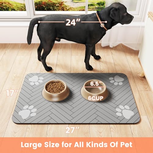 Pet Feeding Mat-Absorbent Pet Placemat for Food and Water Bowl, with Waterproof Rubber Backing, Quick Dry Water Dispenser Mat for Dog and Cat (12"x20", Striped Dark Gray)