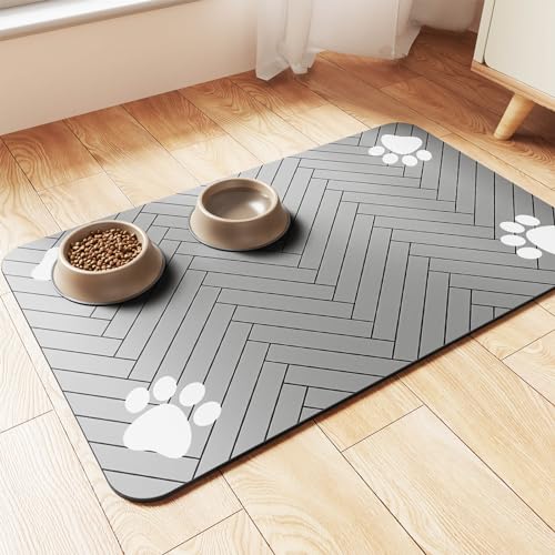 Pet Feeding Mat-Absorbent Pet Placemat for Food and Water Bowl, with Waterproof Rubber Backing, Quick Dry Water Dispenser Mat for Dog and Cat (12"x20", Striped Dark Gray)