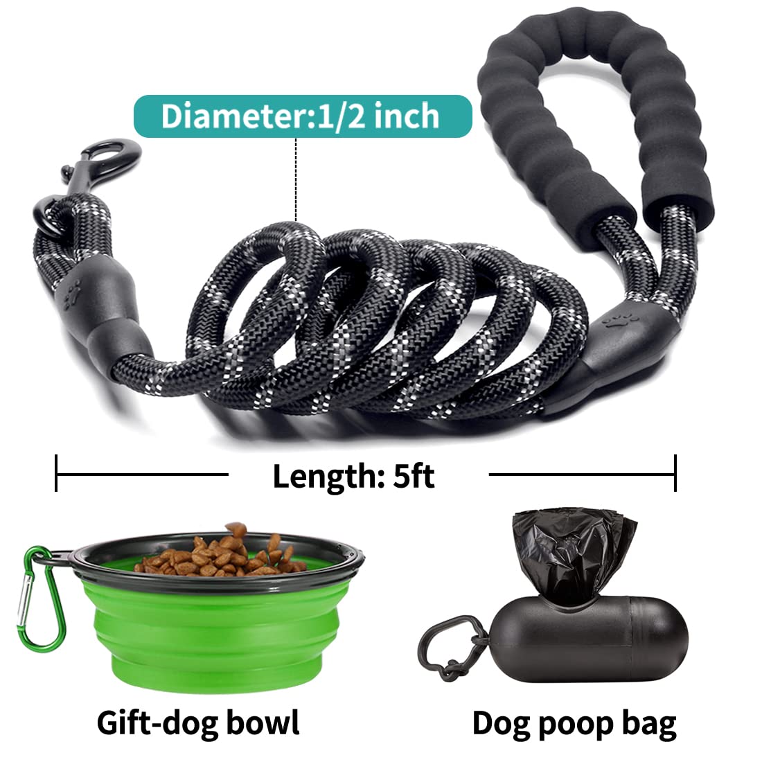 COOYOO 2 Pack Dog Leash 2/5/6 FT Heavy Duty - Comfortable Padded Handle - Reflective Dog Leash for Medium Large Dogs with Collapsible Pet Bowl