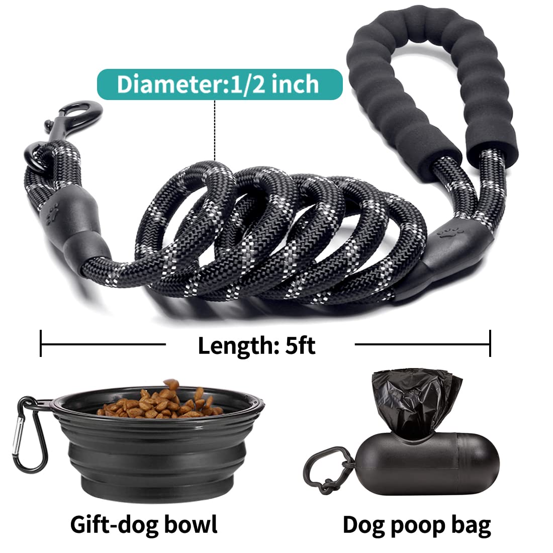 COOYOO 2 Pack Dog Leash 2/5/6 FT Heavy Duty - Comfortable Padded Handle - Reflective Dog Leash for Medium Large Dogs with Collapsible Pet Bowl