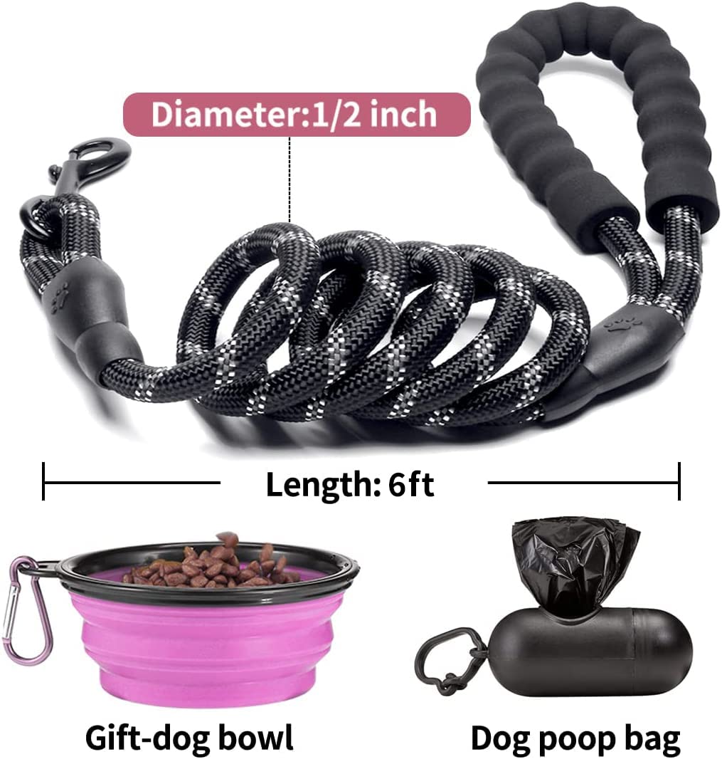 COOYOO 2 Pack Dog Leash 2/5/6 FT Heavy Duty - Comfortable Padded Handle - Reflective Dog Leash for Medium Large Dogs with Collapsible Pet Bowl