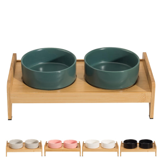 Elevated Ceramic Dog Bowl Set - Double Dog Bowls with Bamboo Stand Anti Vomiting - Raised Dog Food and Water Bowl Set - Small Dog Feeding Bowls - Pet Dishes for Cats and Puppies - 16.23 OZ - 2 Cups