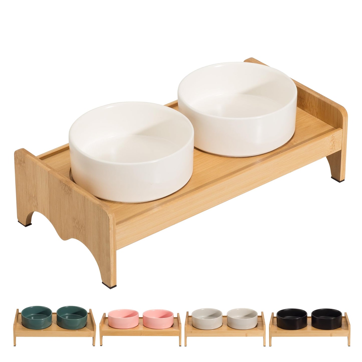 Elevated Ceramic Dog Bowl Set - Double Dog Bowls with Bamboo Stand Anti Vomiting - Raised Dog Food and Water Bowl Set - Small Dog Feeding Bowls - Pet Dishes for Cats and Puppies - 16.23 OZ - 2 Cups