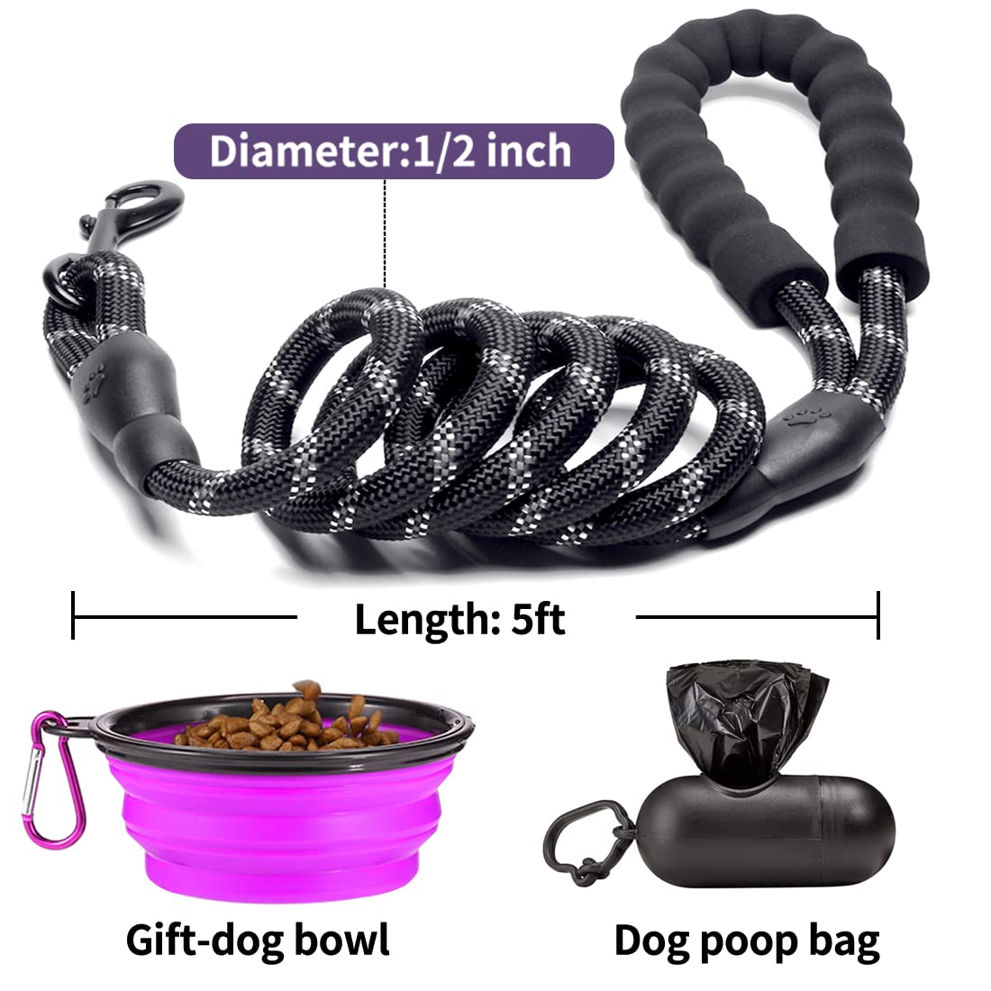 COOYOO 2 Pack Dog Leash 2/5/6 FT Heavy Duty - Comfortable Padded Handle - Reflective Dog Leash for Medium Large Dogs with Collapsible Pet Bowl