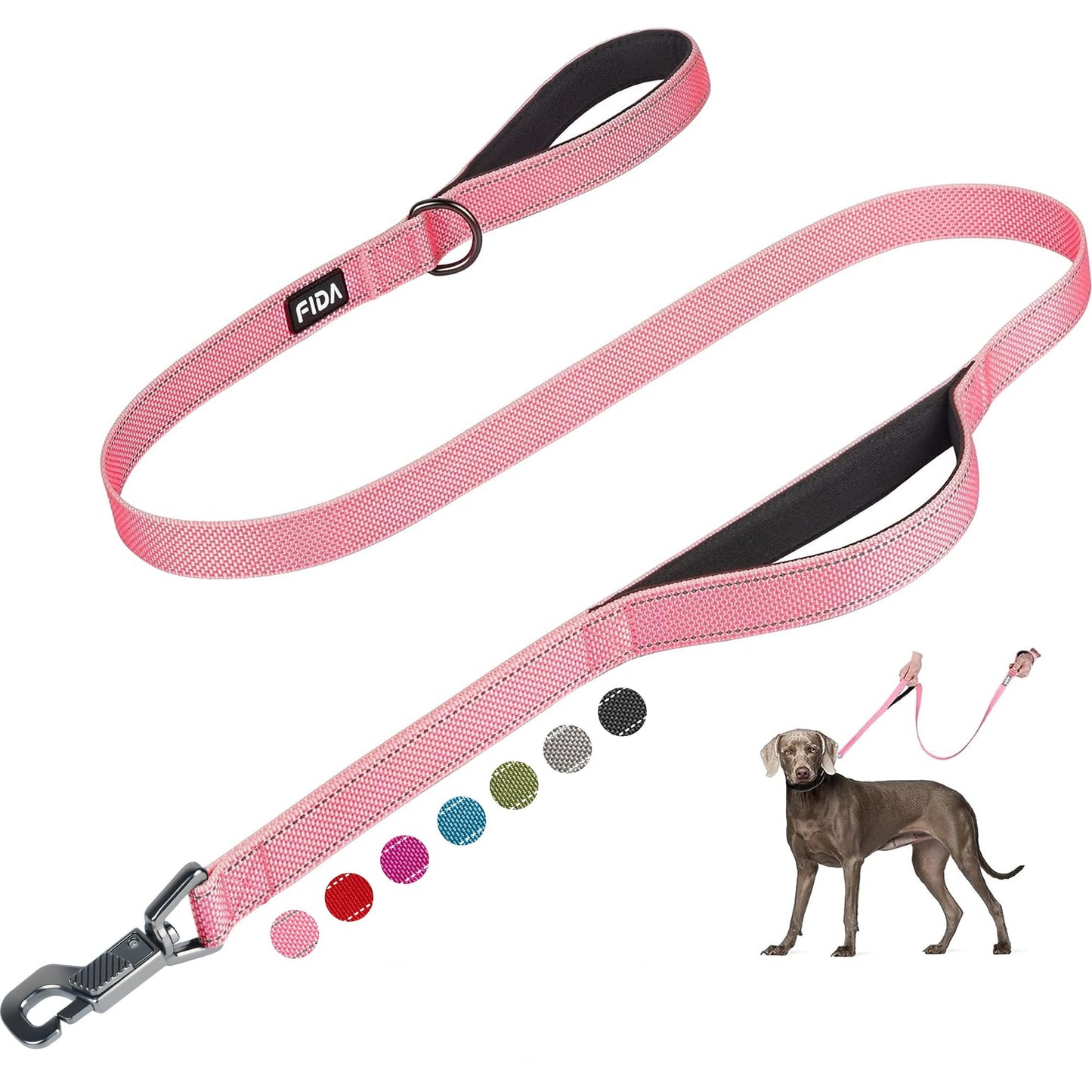 Fida 4 FT Heavy Duty Dog Leash with 2 Comfortable Padded Handles, Traffic Handle & Advanced Easy Snap Hook, Reflective Walking Lead for Large, Medium & Small Breed Dogs, Red