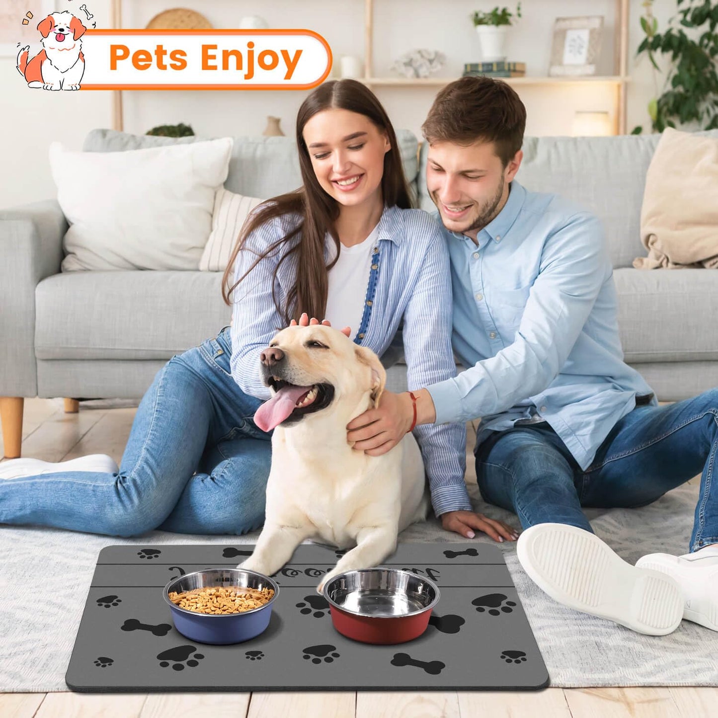 Pet Feeding Mat-Absorbent Pet Placemat for Food and Water Bowl, with Waterproof Rubber Backing, Quick Dry Water Dispenser Mat for Dog and Cat (12"x20", Striped Dark Gray)