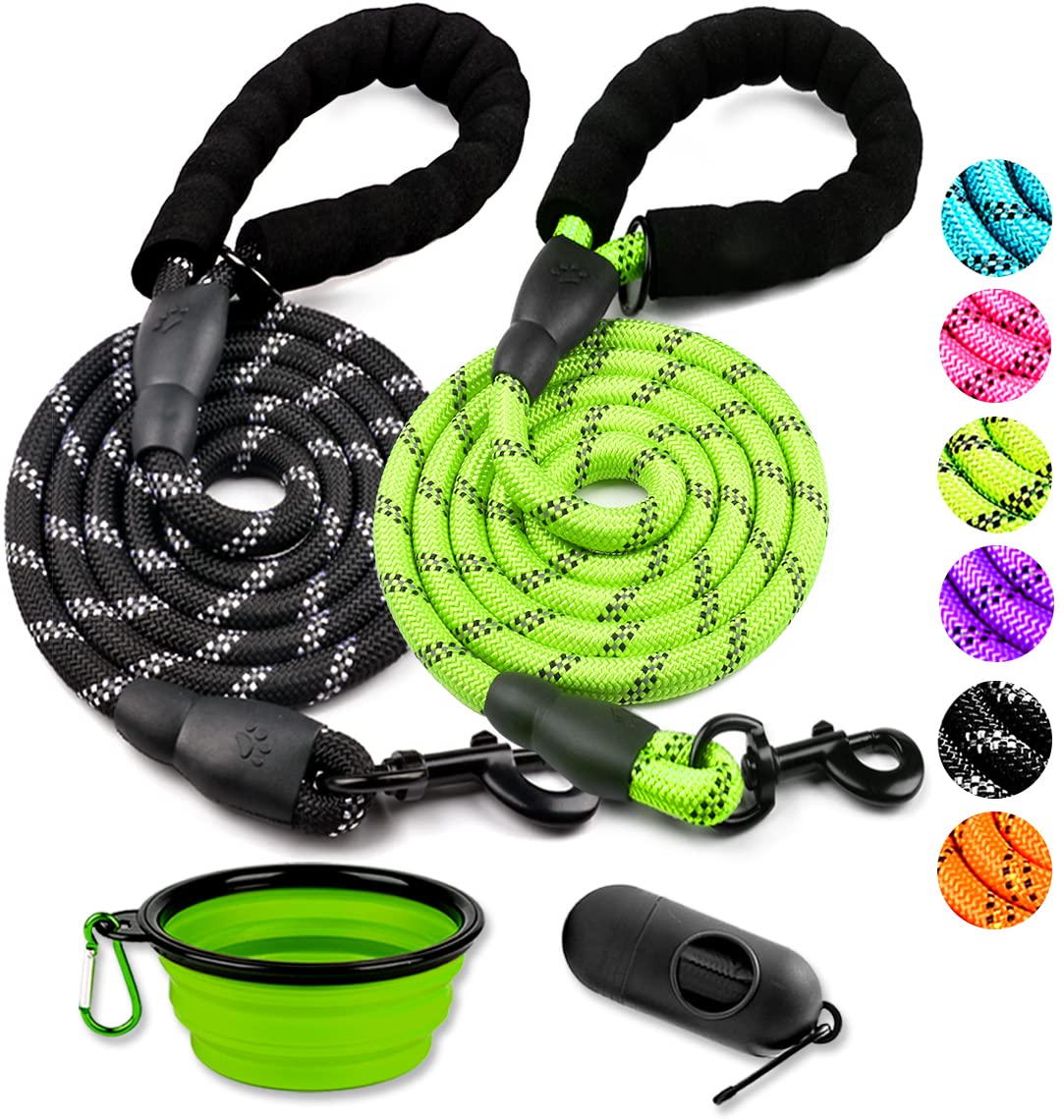 COOYOO 2 Pack Dog Leash 2/5/6 FT Heavy Duty - Comfortable Padded Handle - Reflective Dog Leash for Medium Large Dogs with Collapsible Pet Bowl