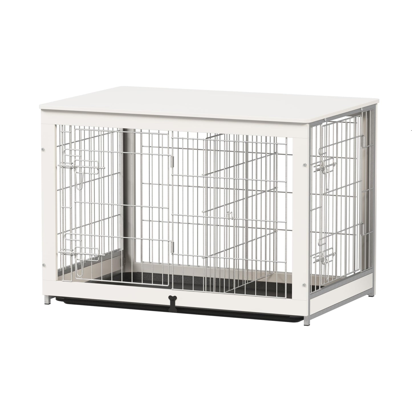 Piskyet Wooden Dog Crate Furniture with Divider Panel, Dog Crate End Table with Fixable Slide Tray, Double Doors Dog Kennel Indoor for Dogs(L:37.8" L*25.1" W*26.3" H,White)