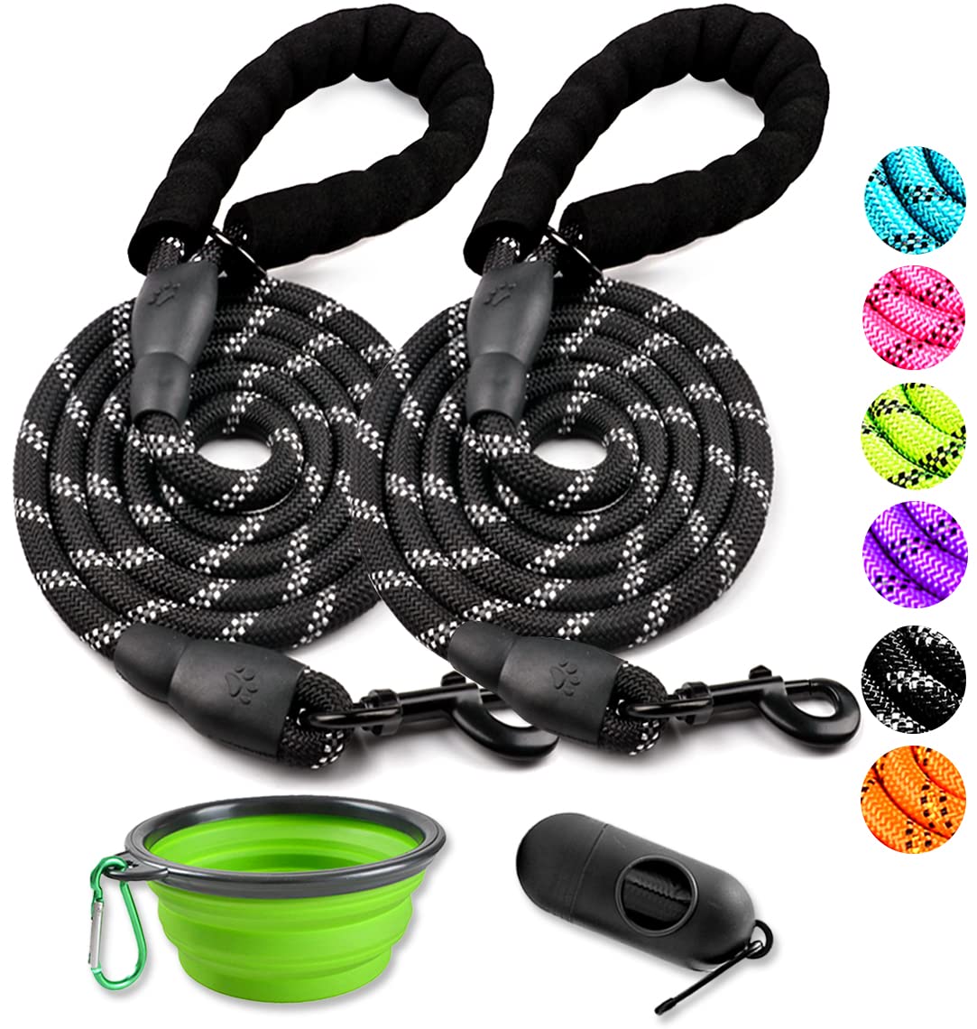 COOYOO 2 Pack Dog Leash 2/5/6 FT Heavy Duty - Comfortable Padded Handle - Reflective Dog Leash for Medium Large Dogs with Collapsible Pet Bowl