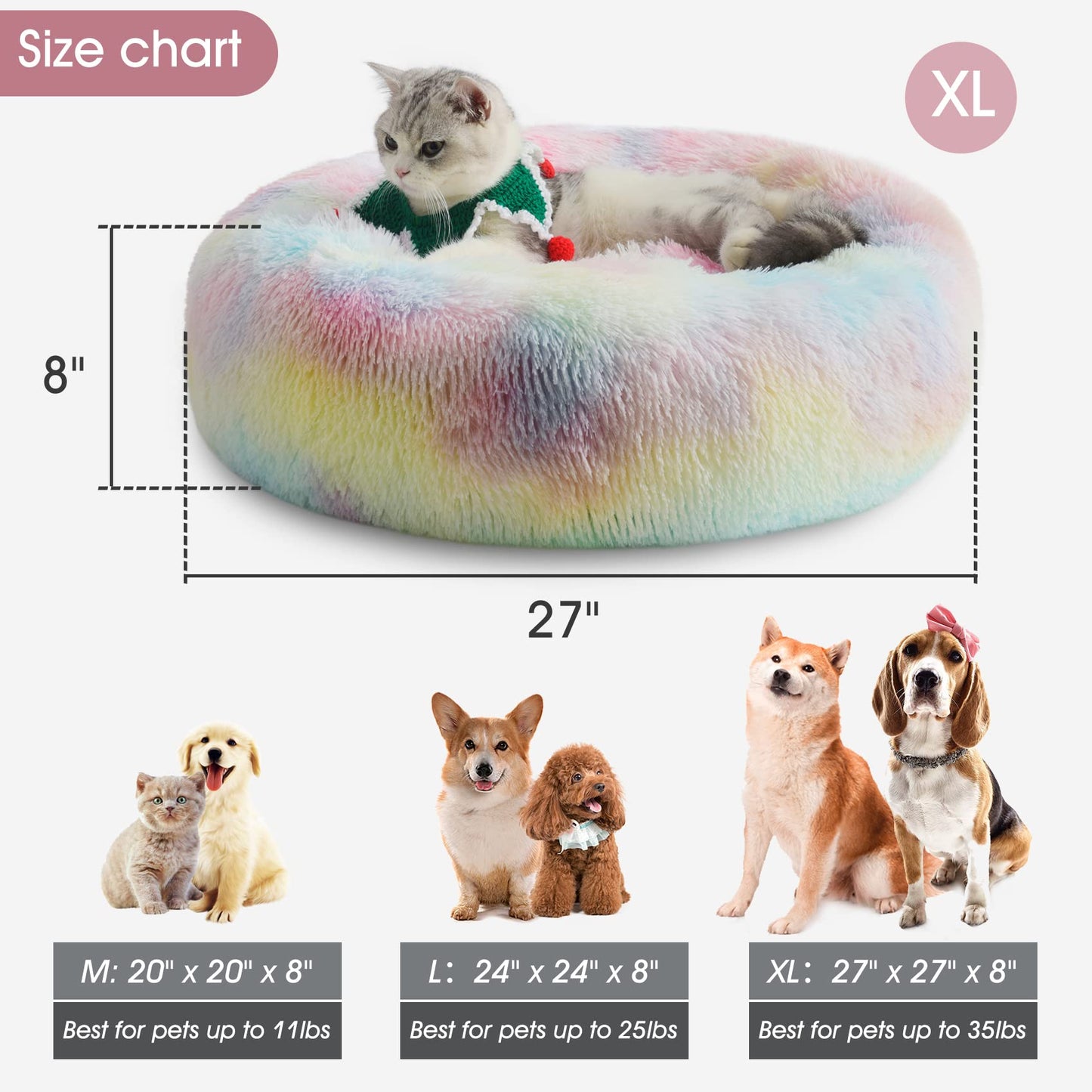 WESTERN HOME WH Calming Dog & Cat Bed, Anti-Anxiety Donut Cuddler Warming Cozy Soft Round Bed, Fluffy Faux Fur Plush Cushion Bed for Small Medium Dogs and Cats (20"/24"/27"/30")