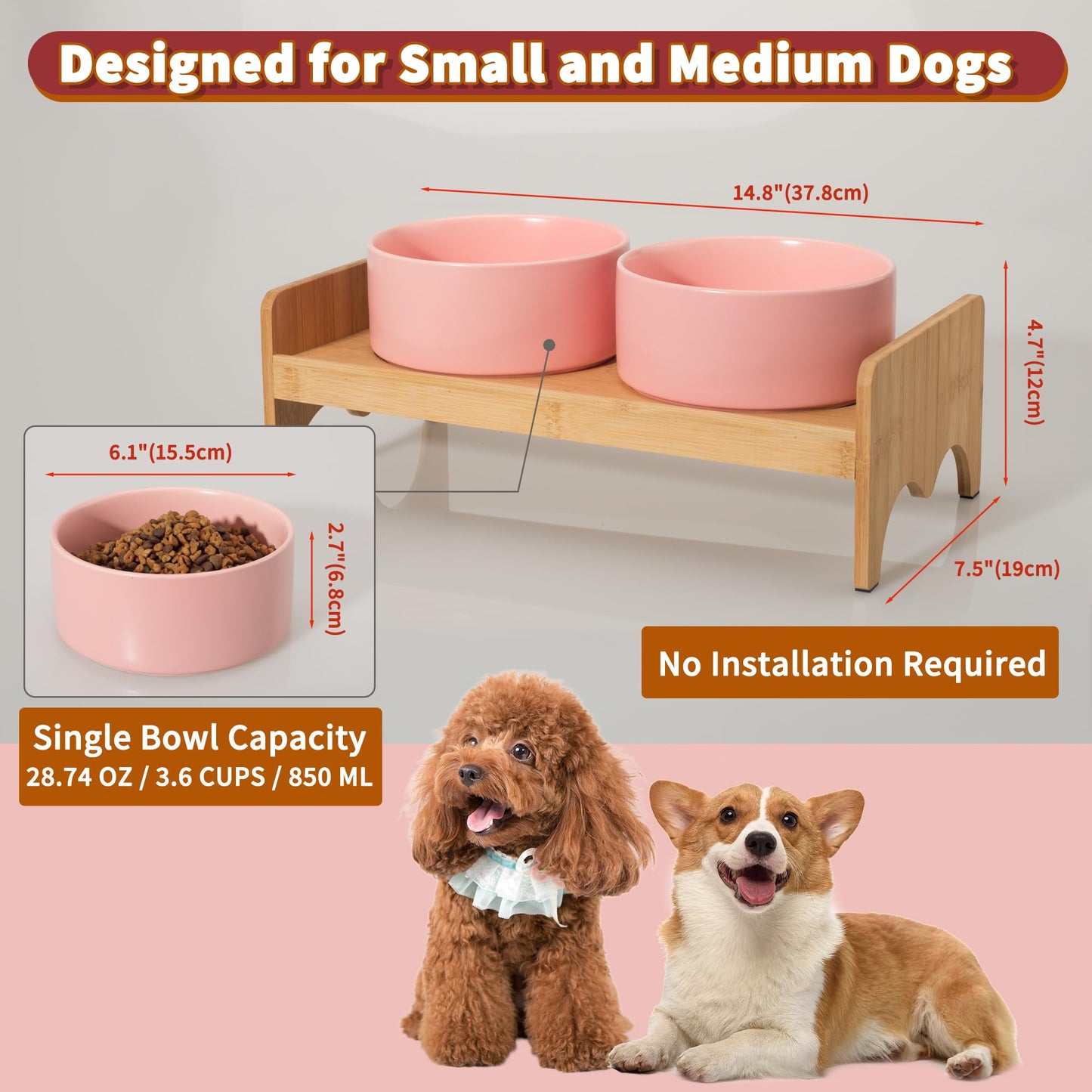 Elevated Ceramic Dog Bowl Set - Double Dog Bowls with Bamboo Stand Anti Vomiting - Raised Dog Food and Water Bowl Set - Small Dog Feeding Bowls - Pet Dishes for Cats and Puppies - 16.23 OZ - 2 Cups