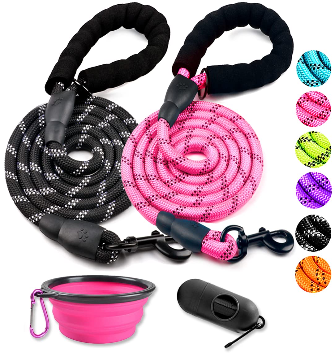 COOYOO 2 Pack Dog Leash 2/5/6 FT Heavy Duty - Comfortable Padded Handle - Reflective Dog Leash for Medium Large Dogs with Collapsible Pet Bowl