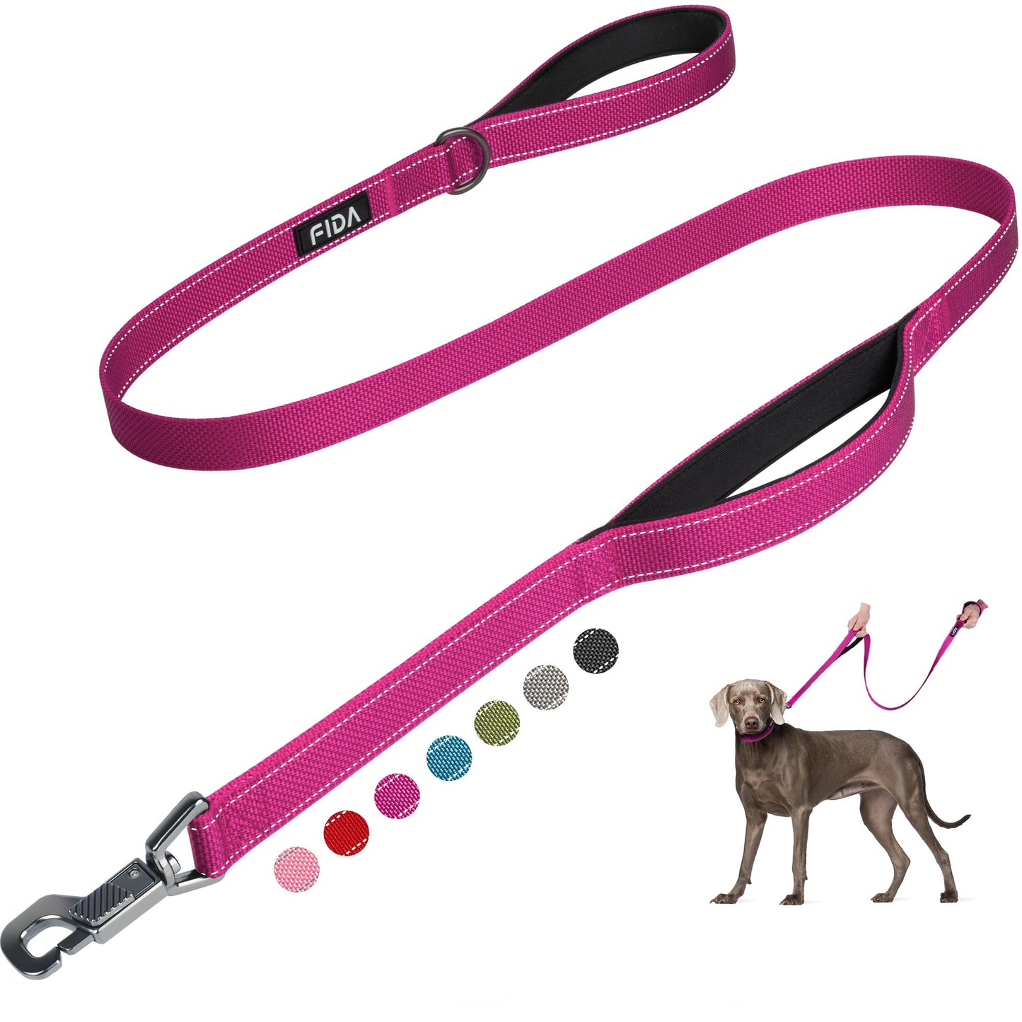 Fida 4 FT Heavy Duty Dog Leash with 2 Comfortable Padded Handles, Traffic Handle & Advanced Easy Snap Hook, Reflective Walking Lead for Large, Medium & Small Breed Dogs, Red