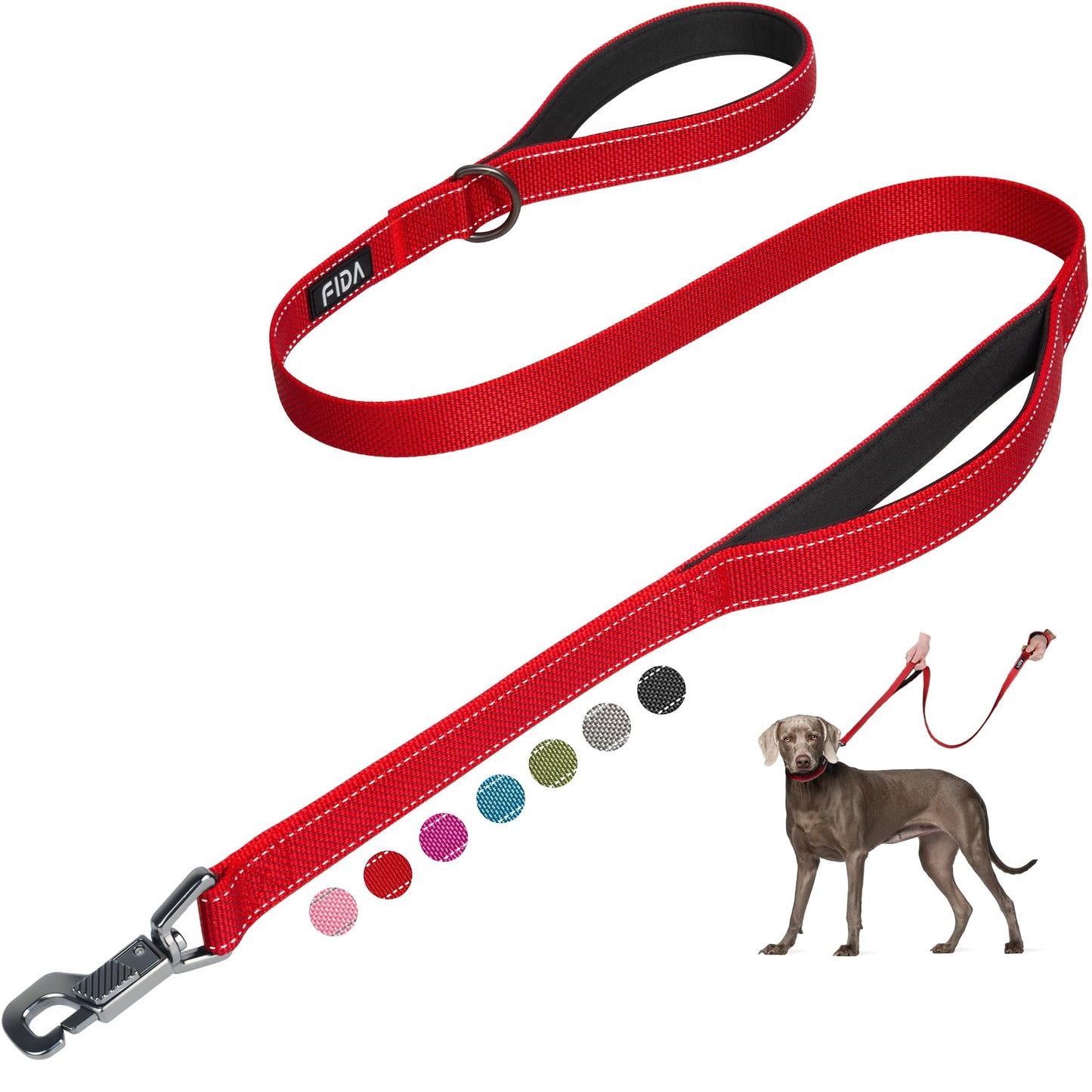 Fida 4 FT Heavy Duty Dog Leash with 2 Comfortable Padded Handles, Traffic Handle & Advanced Easy Snap Hook, Reflective Walking Lead for Large, Medium & Small Breed Dogs, Red