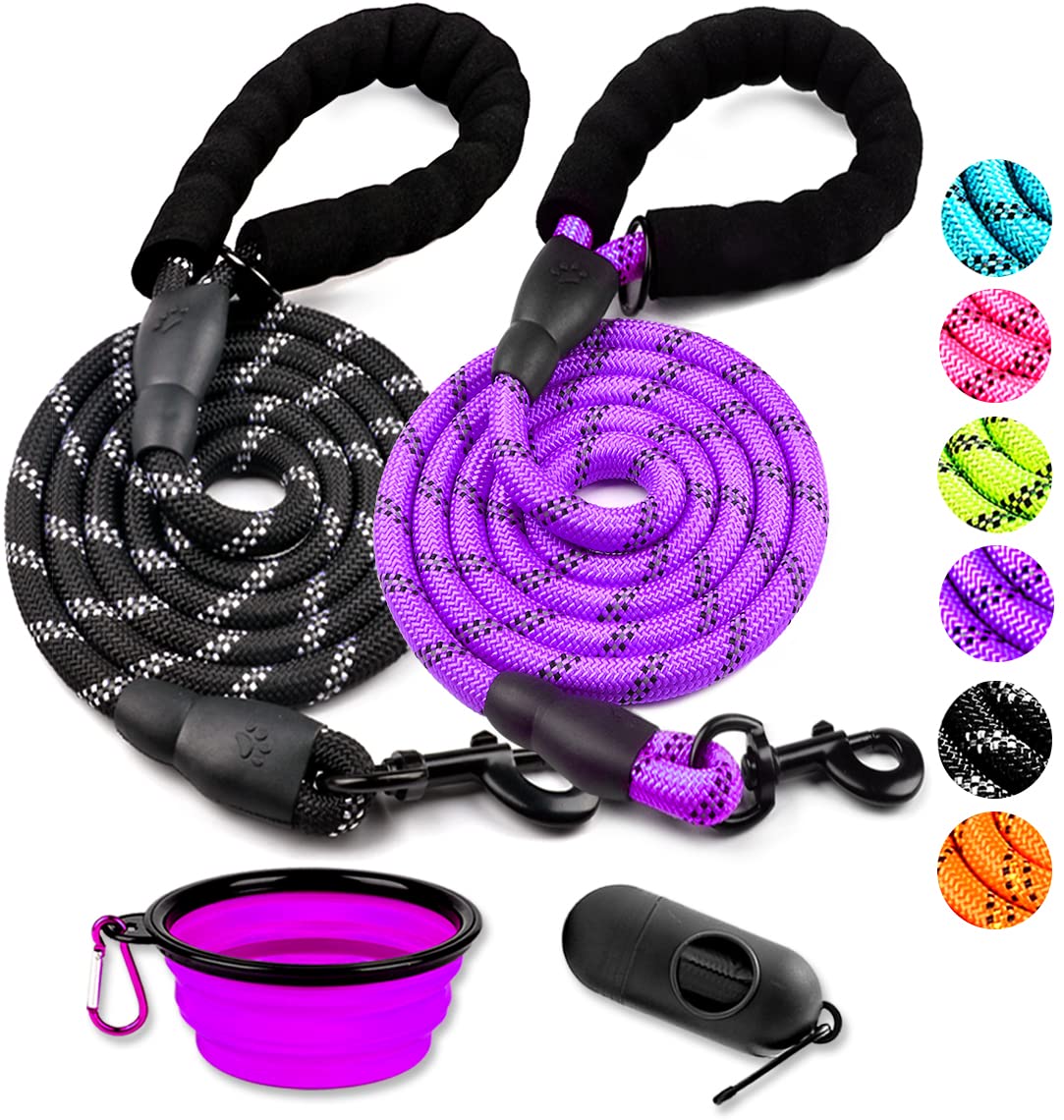 COOYOO 2 Pack Dog Leash 2/5/6 FT Heavy Duty - Comfortable Padded Handle - Reflective Dog Leash for Medium Large Dogs with Collapsible Pet Bowl