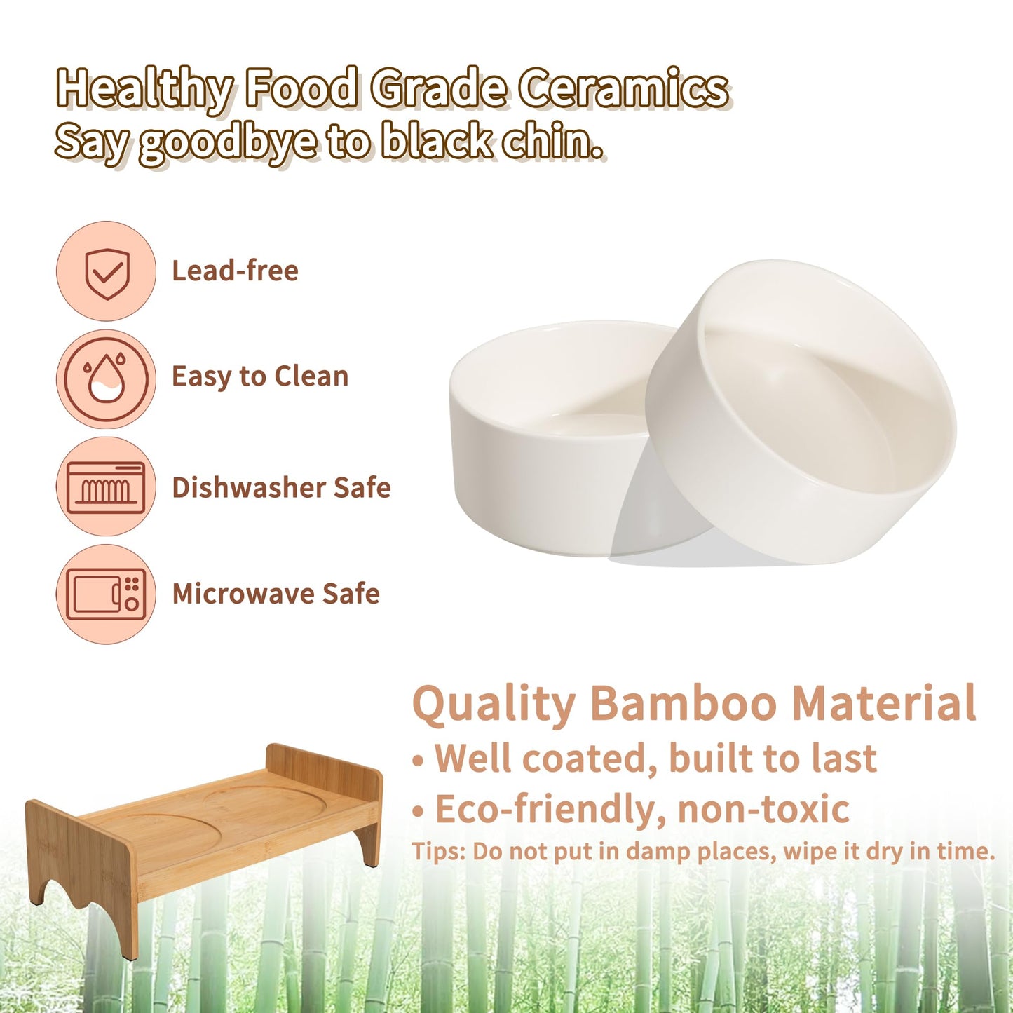 Elevated Ceramic Dog Bowl Set - Double Dog Bowls with Bamboo Stand Anti Vomiting - Raised Dog Food and Water Bowl Set - Small Dog Feeding Bowls - Pet Dishes for Cats and Puppies - 16.23 OZ - 2 Cups