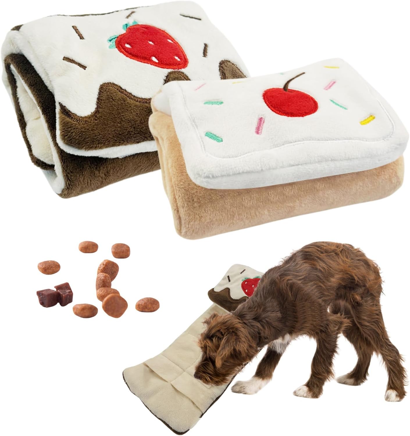 Dog Interactive Toys, Dog Sniffing Toys, Dog Birthday Cake Roll Toys, One Strawberry and One Cherry, Slow Feeder Hide and Seek Toys for Small and Medium Dogs (2pcs)