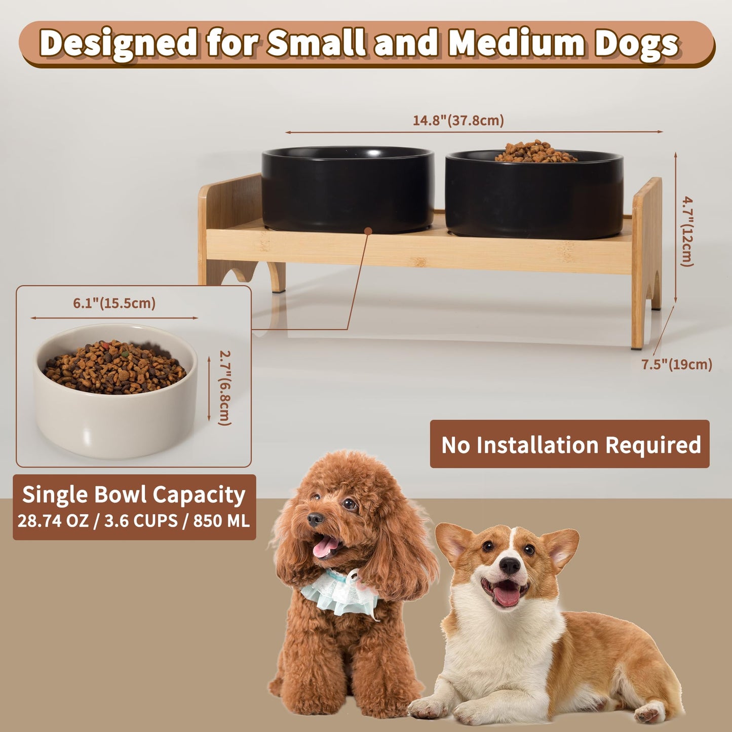 Elevated Ceramic Dog Bowl Set - Double Dog Bowls with Bamboo Stand Anti Vomiting - Raised Dog Food and Water Bowl Set - Small Dog Feeding Bowls - Pet Dishes for Cats and Puppies - 16.23 OZ - 2 Cups