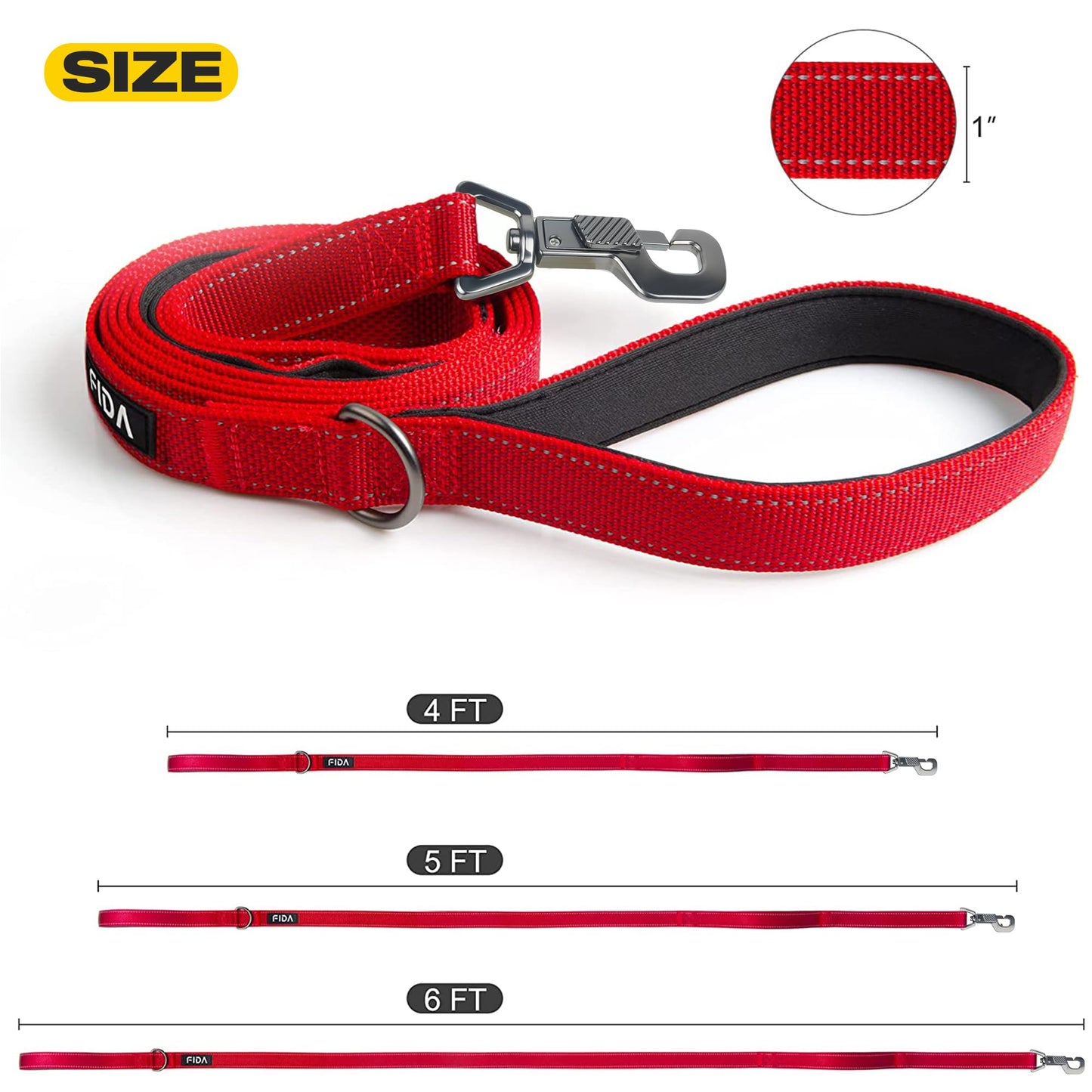 Fida 4 FT Heavy Duty Dog Leash with 2 Comfortable Padded Handles, Traffic Handle & Advanced Easy Snap Hook, Reflective Walking Lead for Large, Medium & Small Breed Dogs, Red