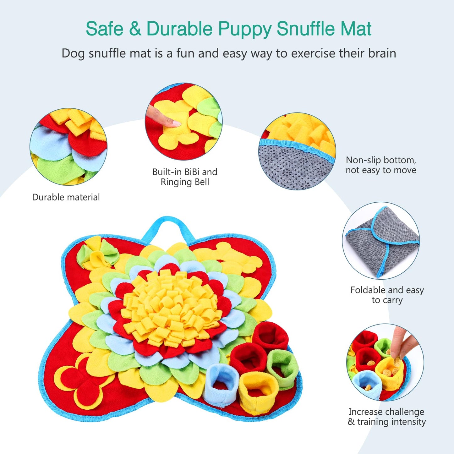 ORIA Snuffle Mat for Dogs, Interactive Sniff Mat for Boredom, Slow Eating, Keep Busy, Encourages Natural Foraging Skills, Dog Puzzle Toys for Dogs Cats Rabbits, 15x15 inch