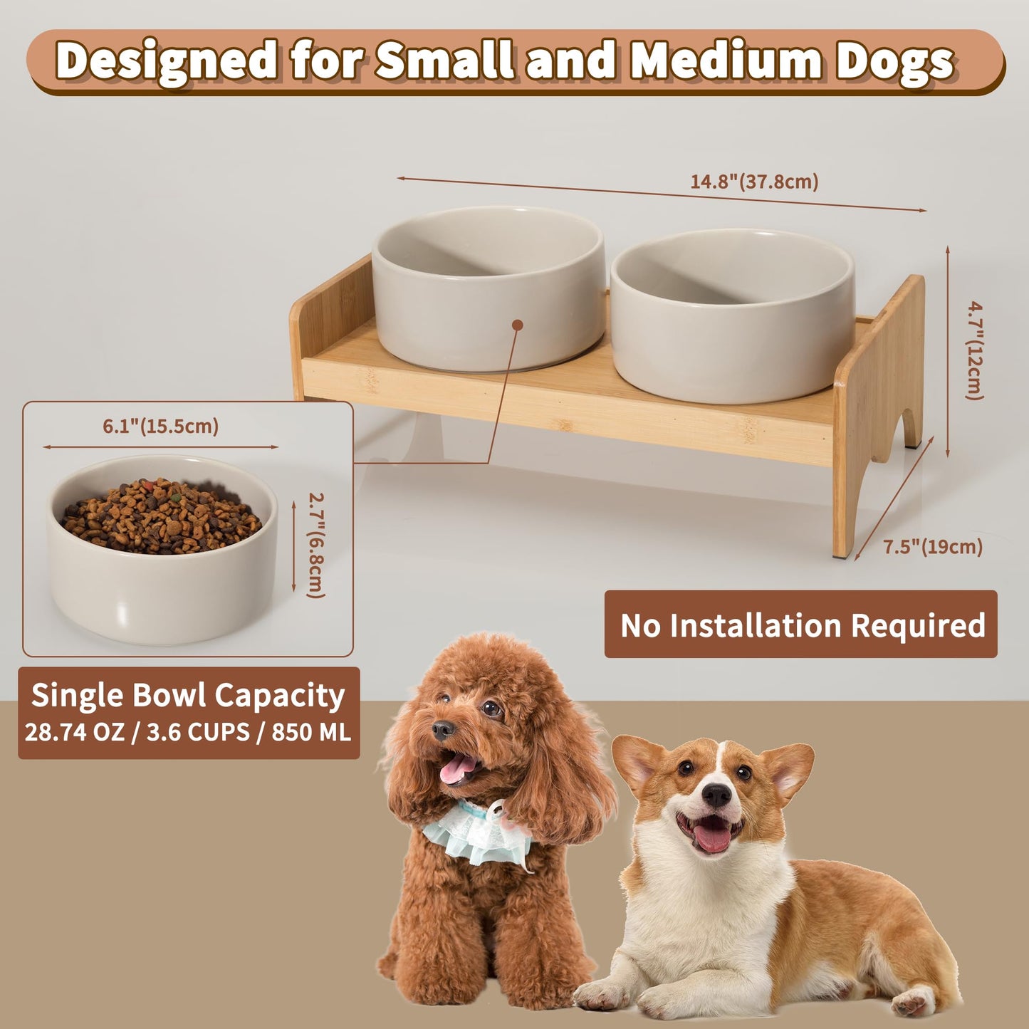 Elevated Ceramic Dog Bowl Set - Double Dog Bowls with Bamboo Stand Anti Vomiting - Raised Dog Food and Water Bowl Set - Small Dog Feeding Bowls - Pet Dishes for Cats and Puppies - 16.23 OZ - 2 Cups