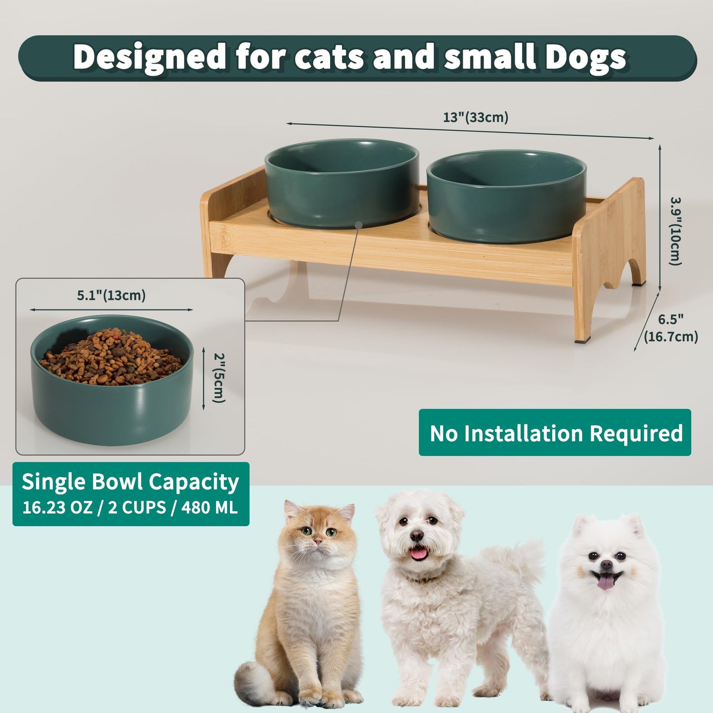 Elevated Ceramic Dog Bowl Set - Double Dog Bowls with Bamboo Stand Anti Vomiting - Raised Dog Food and Water Bowl Set - Small Dog Feeding Bowls - Pet Dishes for Cats and Puppies - 16.23 OZ - 2 Cups