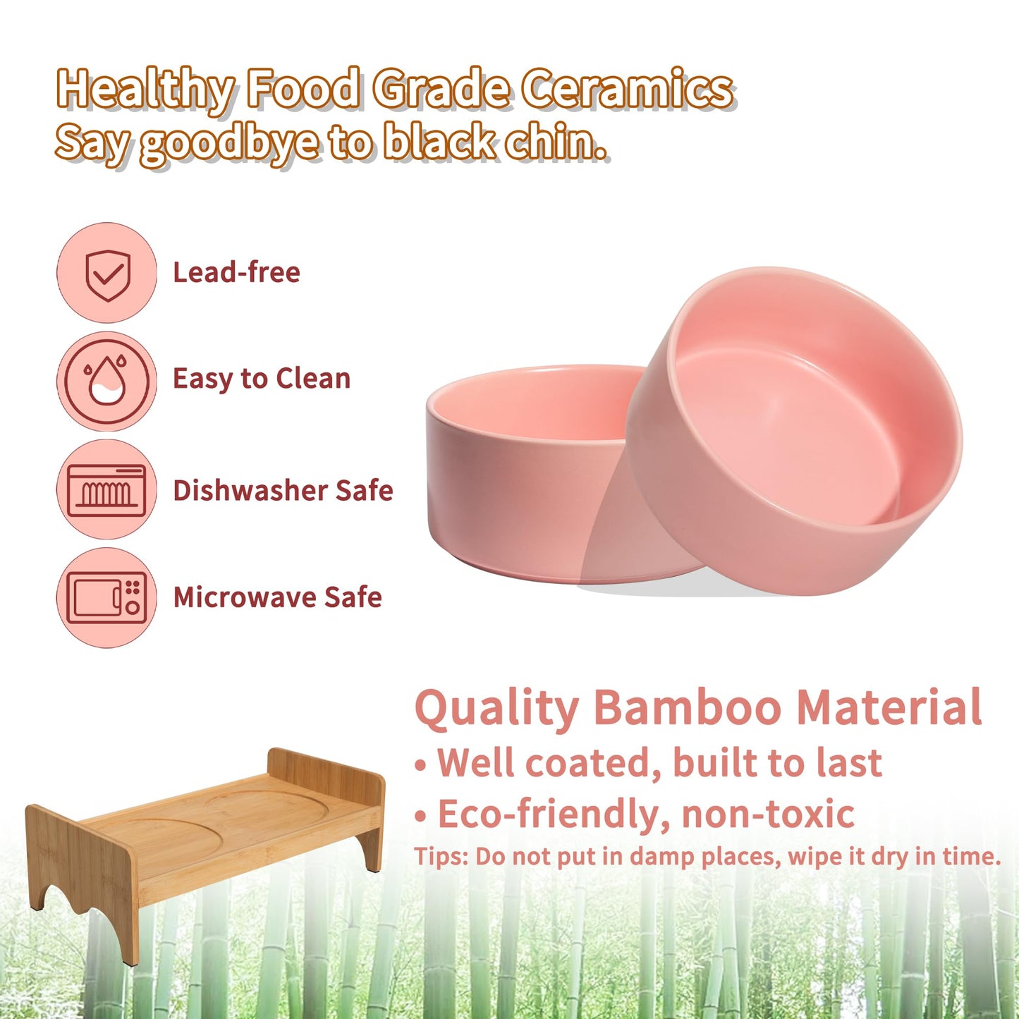 Elevated Ceramic Dog Bowl Set - Double Dog Bowls with Bamboo Stand Anti Vomiting - Raised Dog Food and Water Bowl Set - Small Dog Feeding Bowls - Pet Dishes for Cats and Puppies - 16.23 OZ - 2 Cups