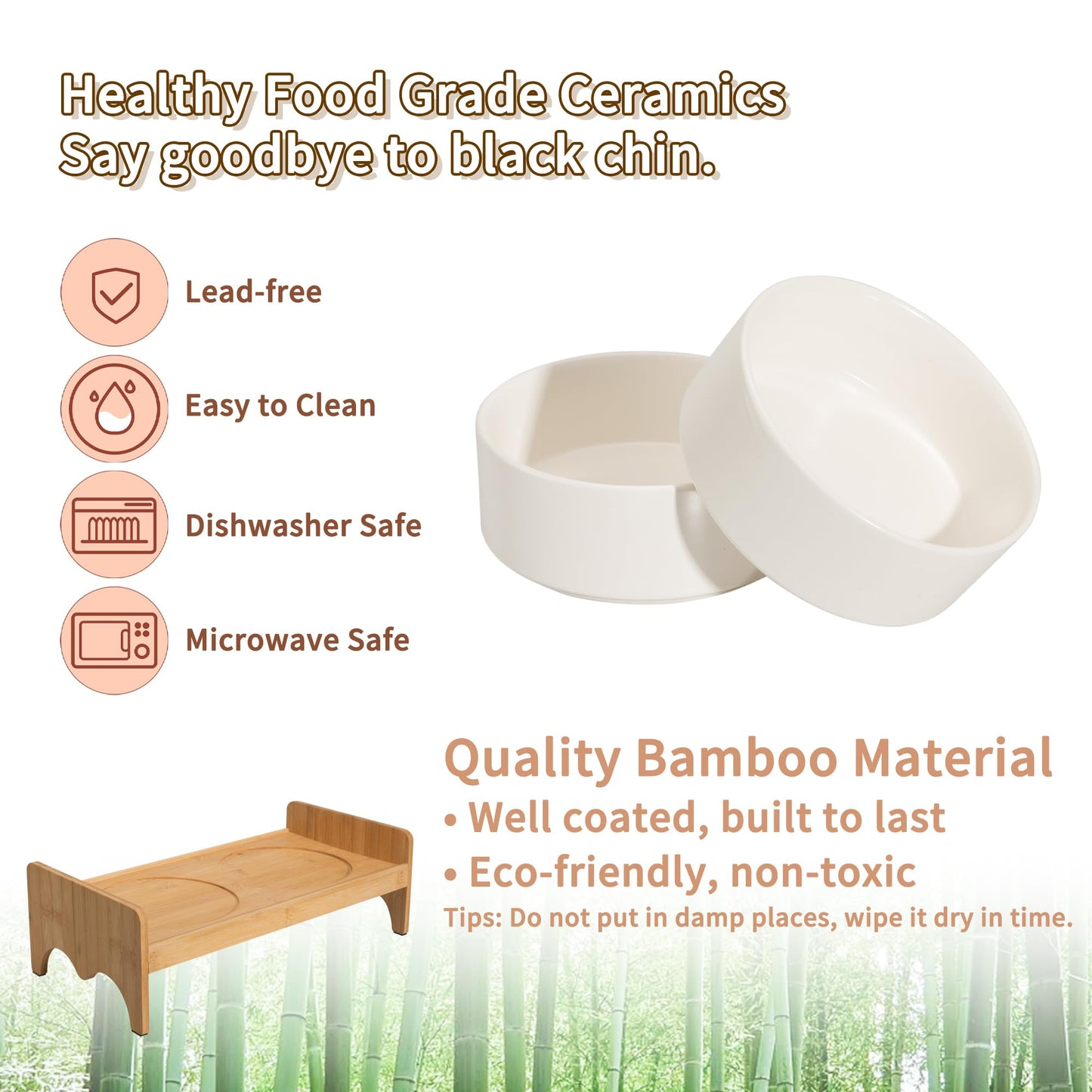 Elevated Ceramic Dog Bowl Set - Double Dog Bowls with Bamboo Stand Anti Vomiting - Raised Dog Food and Water Bowl Set - Small Dog Feeding Bowls - Pet Dishes for Cats and Puppies - 16.23 OZ - 2 Cups