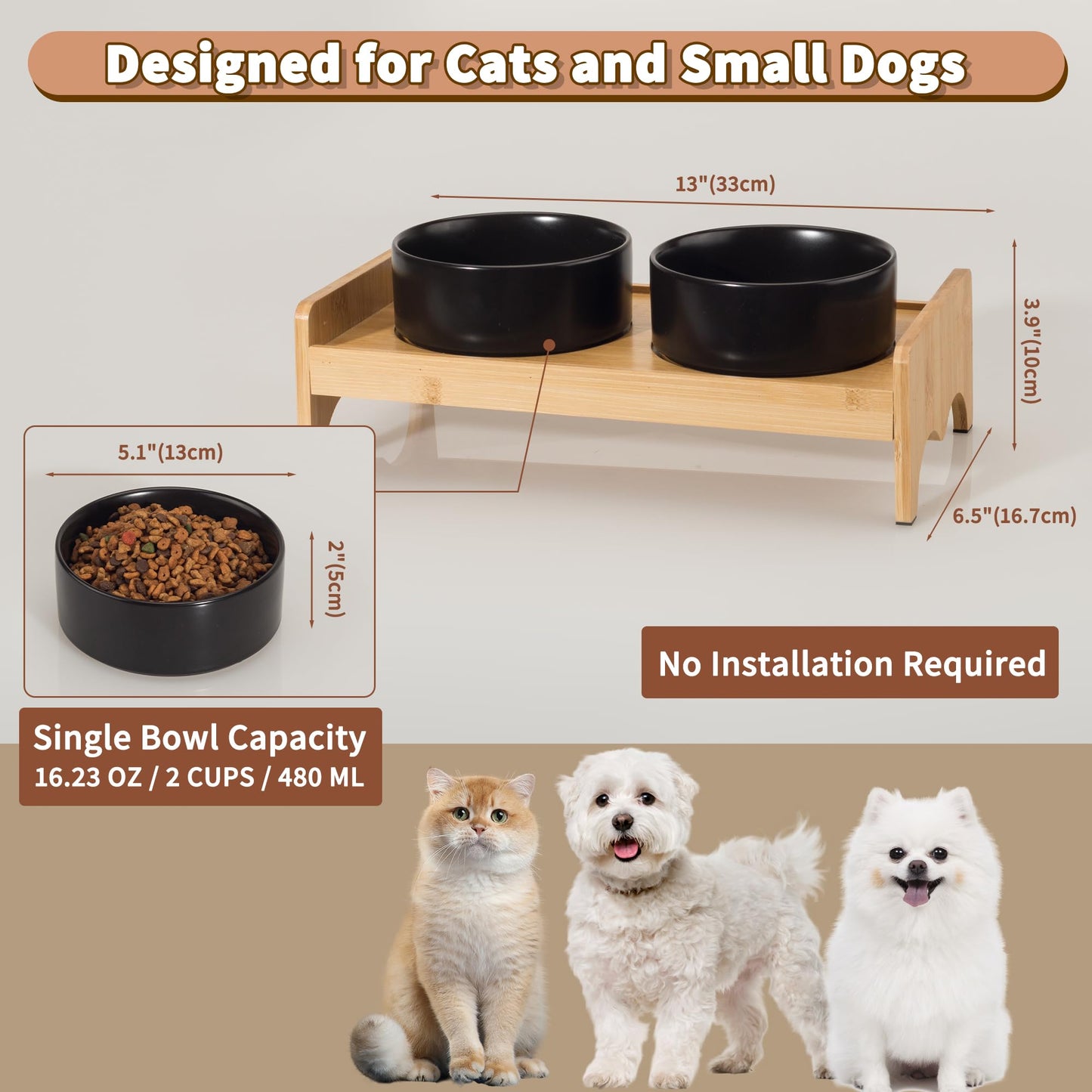 Elevated Ceramic Dog Bowl Set - Double Dog Bowls with Bamboo Stand Anti Vomiting - Raised Dog Food and Water Bowl Set - Small Dog Feeding Bowls - Pet Dishes for Cats and Puppies - 16.23 OZ - 2 Cups