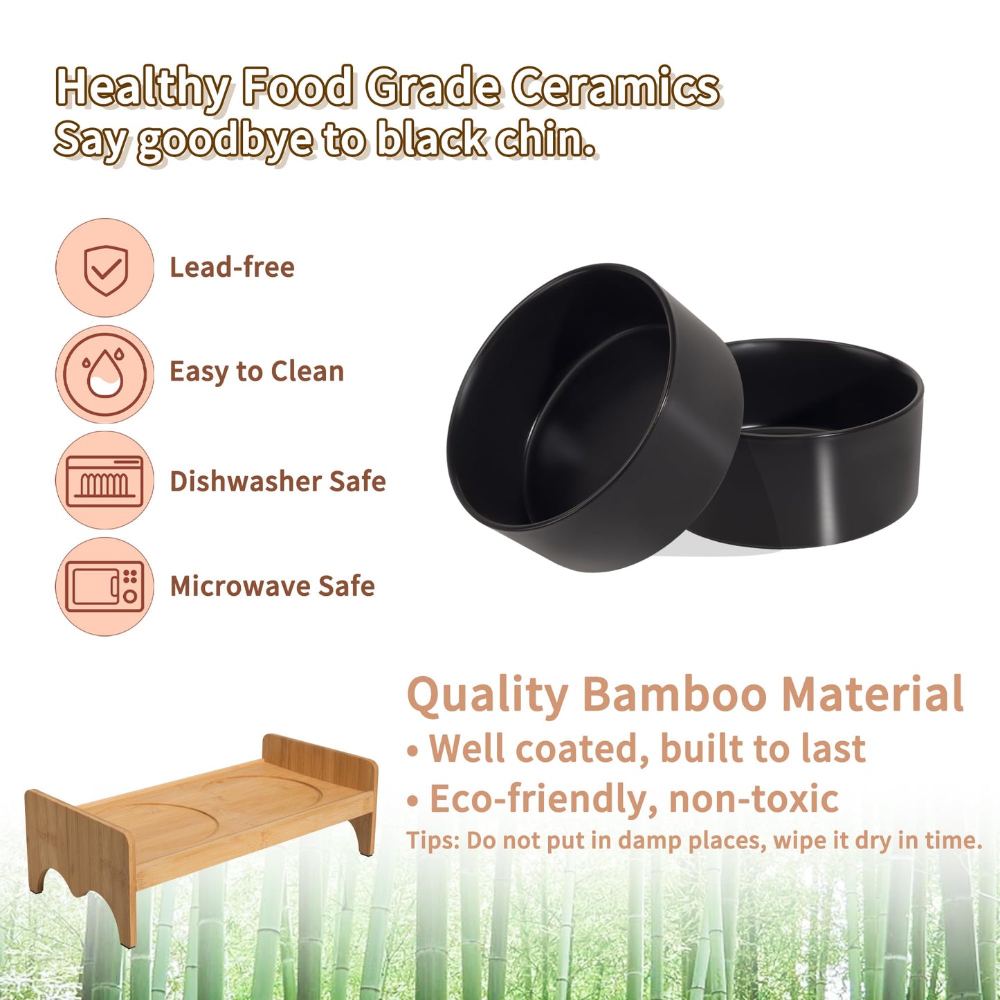 Elevated Ceramic Dog Bowl Set - Double Dog Bowls with Bamboo Stand Anti Vomiting - Raised Dog Food and Water Bowl Set - Small Dog Feeding Bowls - Pet Dishes for Cats and Puppies - 16.23 OZ - 2 Cups