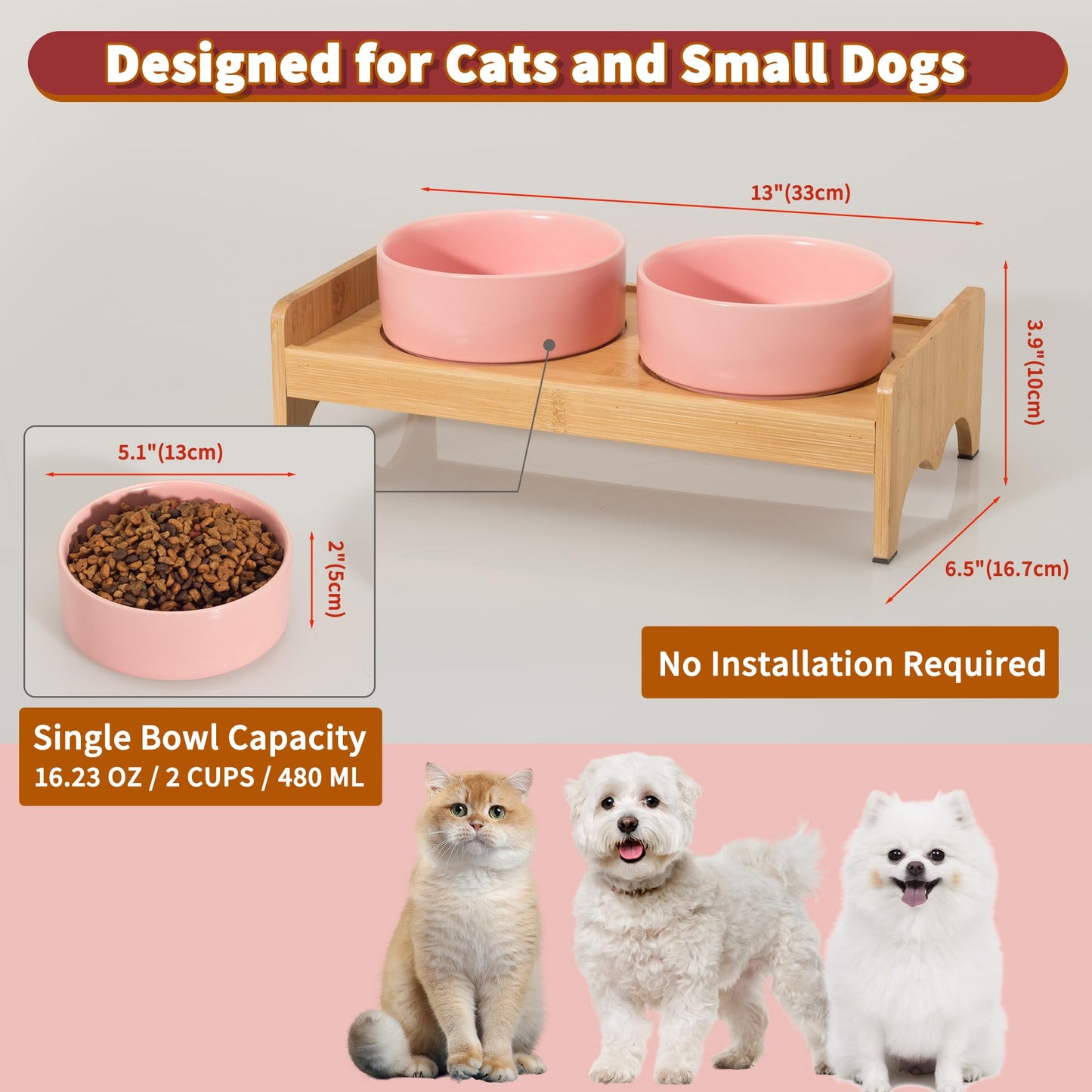 Elevated Ceramic Dog Bowl Set - Double Dog Bowls with Bamboo Stand Anti Vomiting - Raised Dog Food and Water Bowl Set - Small Dog Feeding Bowls - Pet Dishes for Cats and Puppies - 16.23 OZ - 2 Cups