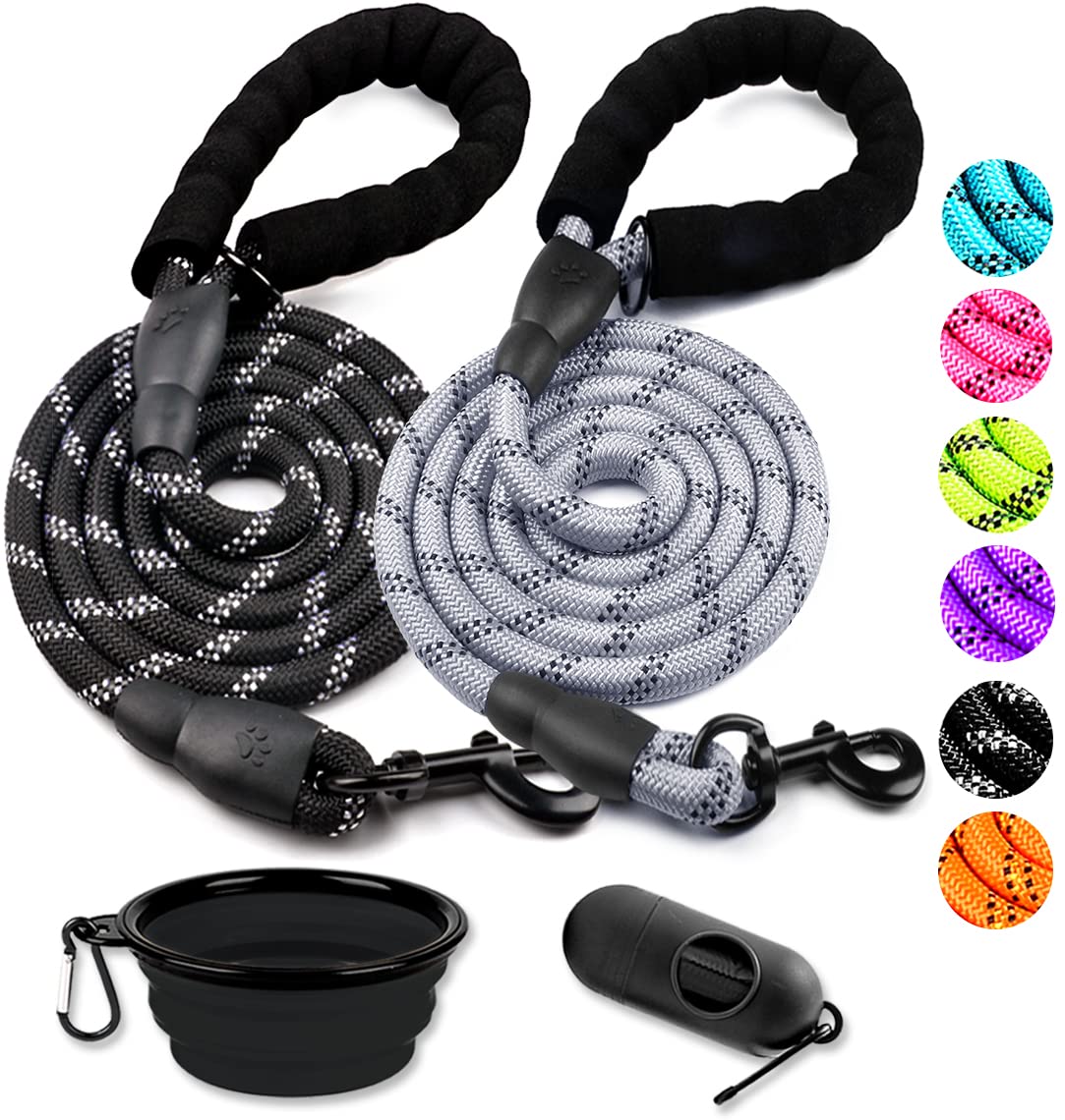 COOYOO 2 Pack Dog Leash 2/5/6 FT Heavy Duty - Comfortable Padded Handle - Reflective Dog Leash for Medium Large Dogs with Collapsible Pet Bowl