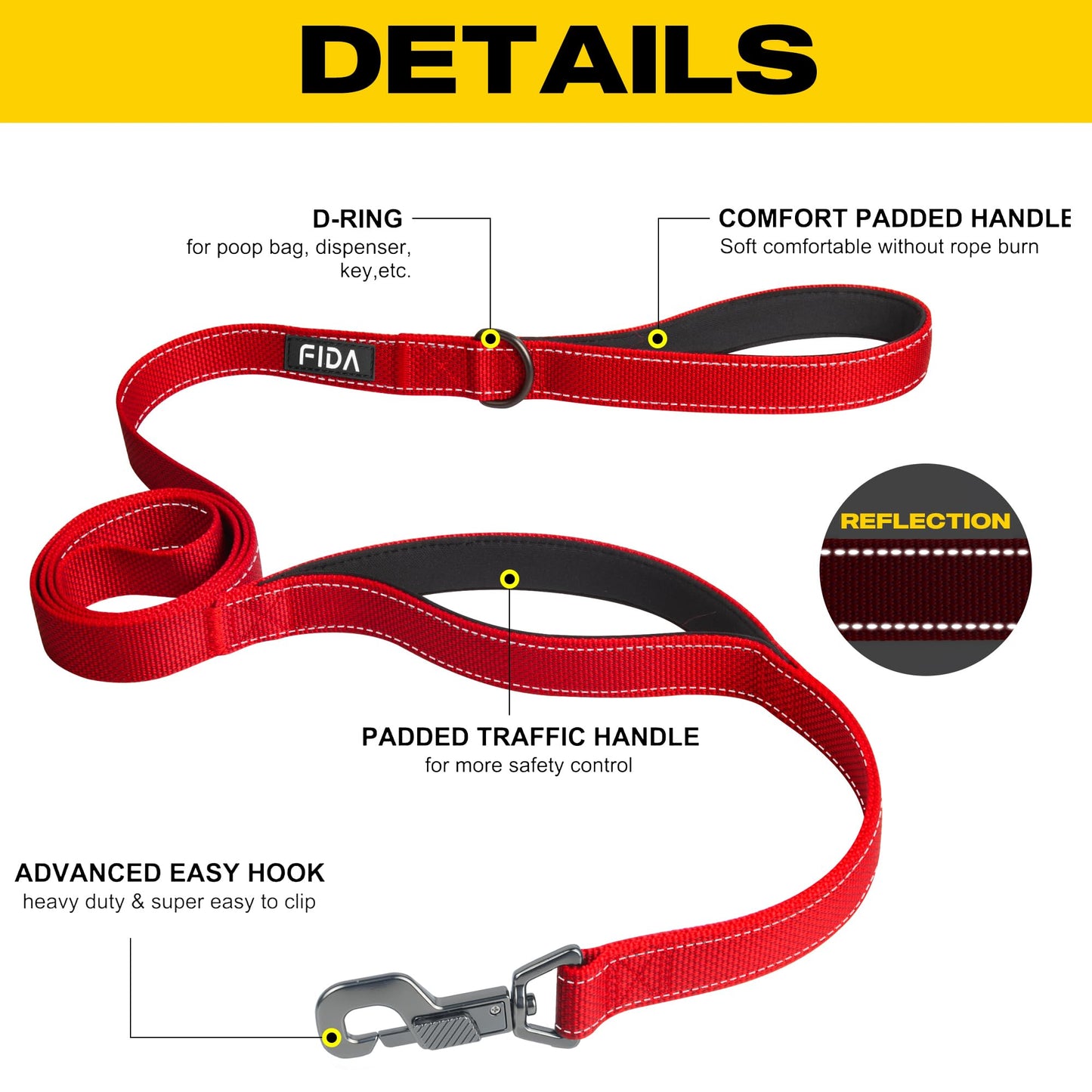 Fida 4 FT Heavy Duty Dog Leash with 2 Comfortable Padded Handles, Traffic Handle & Advanced Easy Snap Hook, Reflective Walking Lead for Large, Medium & Small Breed Dogs, Red