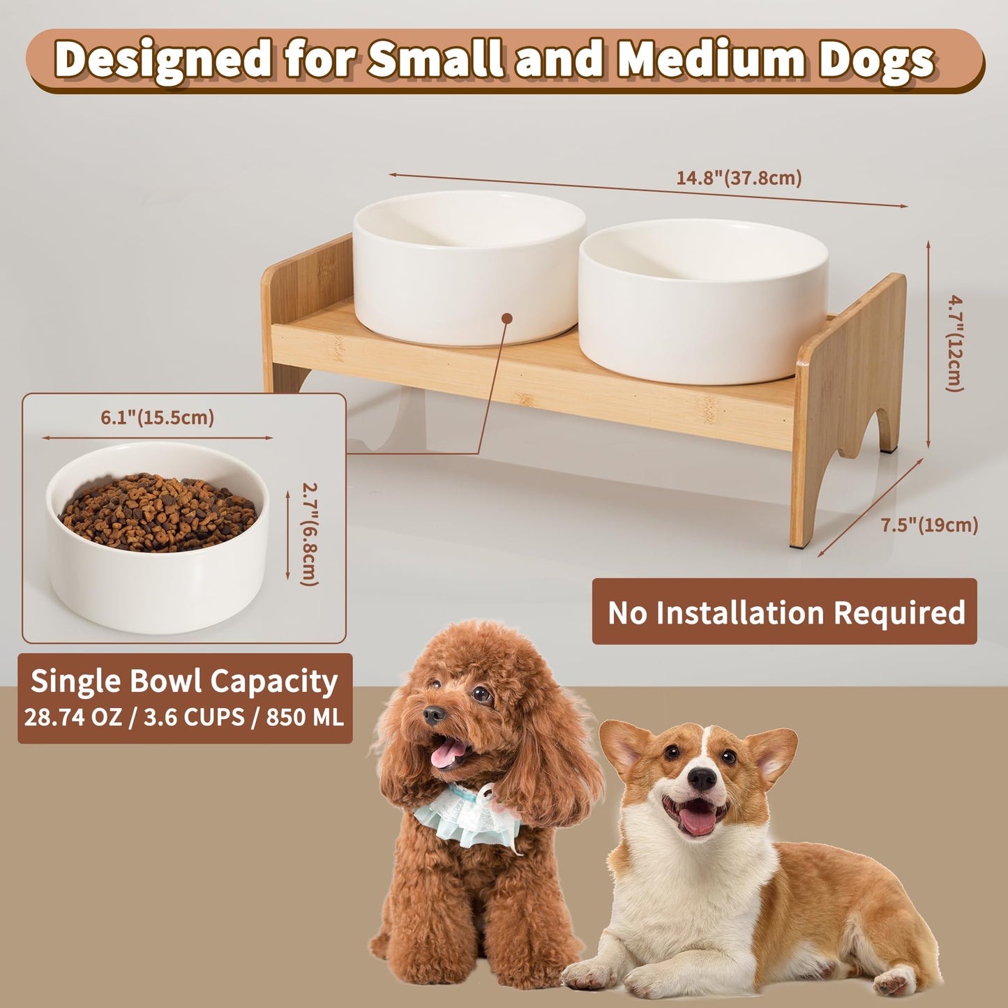 Elevated Ceramic Dog Bowl Set - Double Dog Bowls with Bamboo Stand Anti Vomiting - Raised Dog Food and Water Bowl Set - Small Dog Feeding Bowls - Pet Dishes for Cats and Puppies - 16.23 OZ - 2 Cups