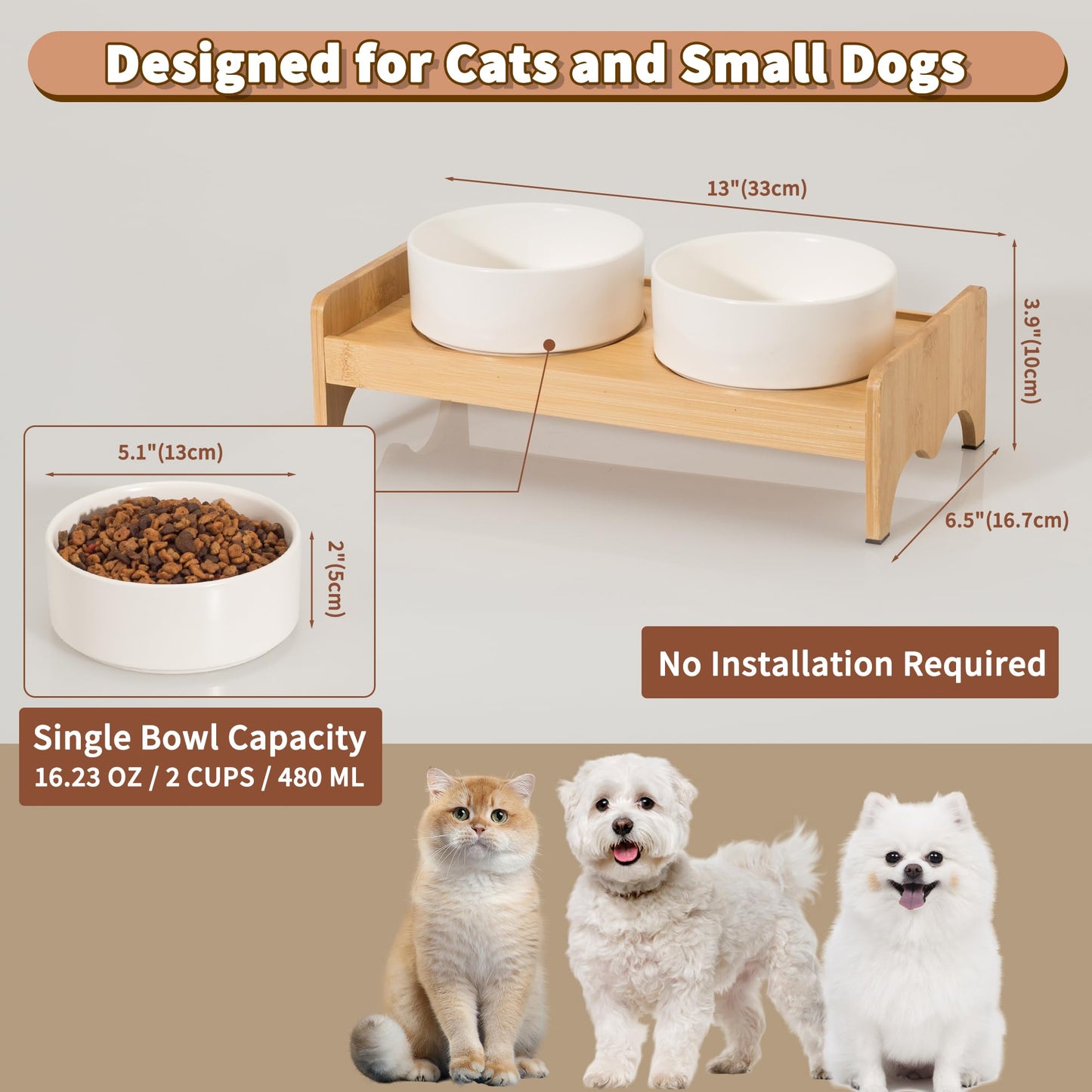 Elevated Ceramic Dog Bowl Set - Double Dog Bowls with Bamboo Stand Anti Vomiting - Raised Dog Food and Water Bowl Set - Small Dog Feeding Bowls - Pet Dishes for Cats and Puppies - 16.23 OZ - 2 Cups