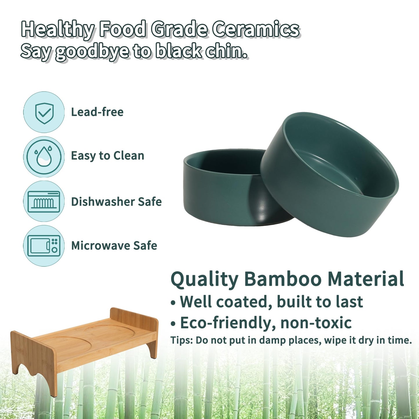 Elevated Ceramic Dog Bowl Set - Double Dog Bowls with Bamboo Stand Anti Vomiting - Raised Dog Food and Water Bowl Set - Small Dog Feeding Bowls - Pet Dishes for Cats and Puppies - 16.23 OZ - 2 Cups