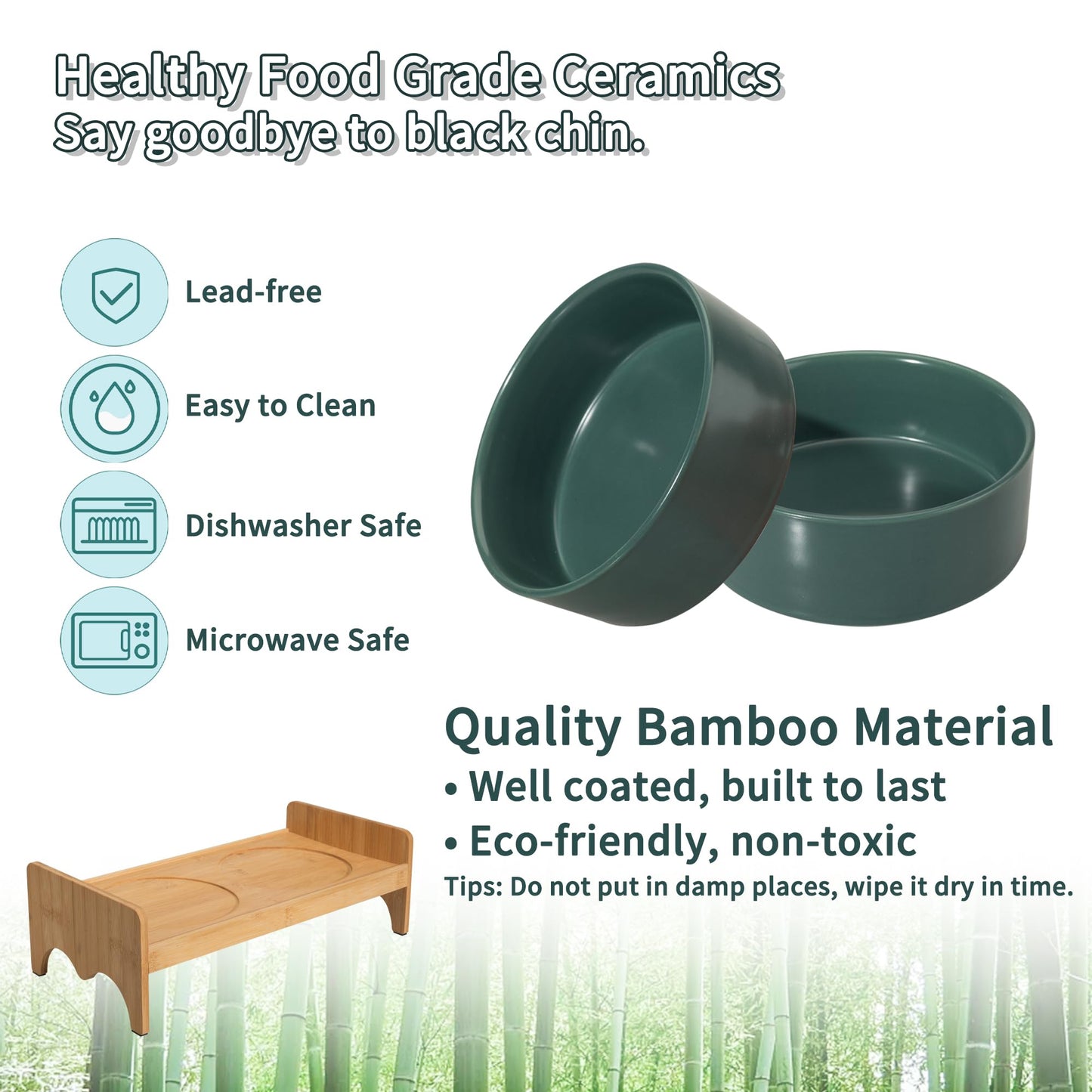 Elevated Ceramic Dog Bowl Set - Double Dog Bowls with Bamboo Stand Anti Vomiting - Raised Dog Food and Water Bowl Set - Small Dog Feeding Bowls - Pet Dishes for Cats and Puppies - 16.23 OZ - 2 Cups