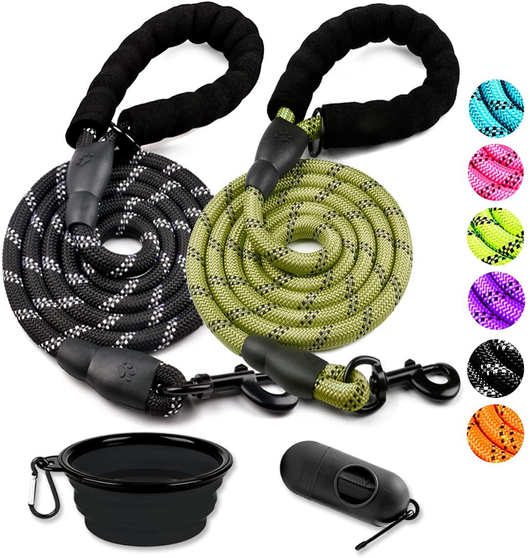 COOYOO 2 Pack Dog Leash 2/5/6 FT Heavy Duty - Comfortable Padded Handle - Reflective Dog Leash for Medium Large Dogs with Collapsible Pet Bowl