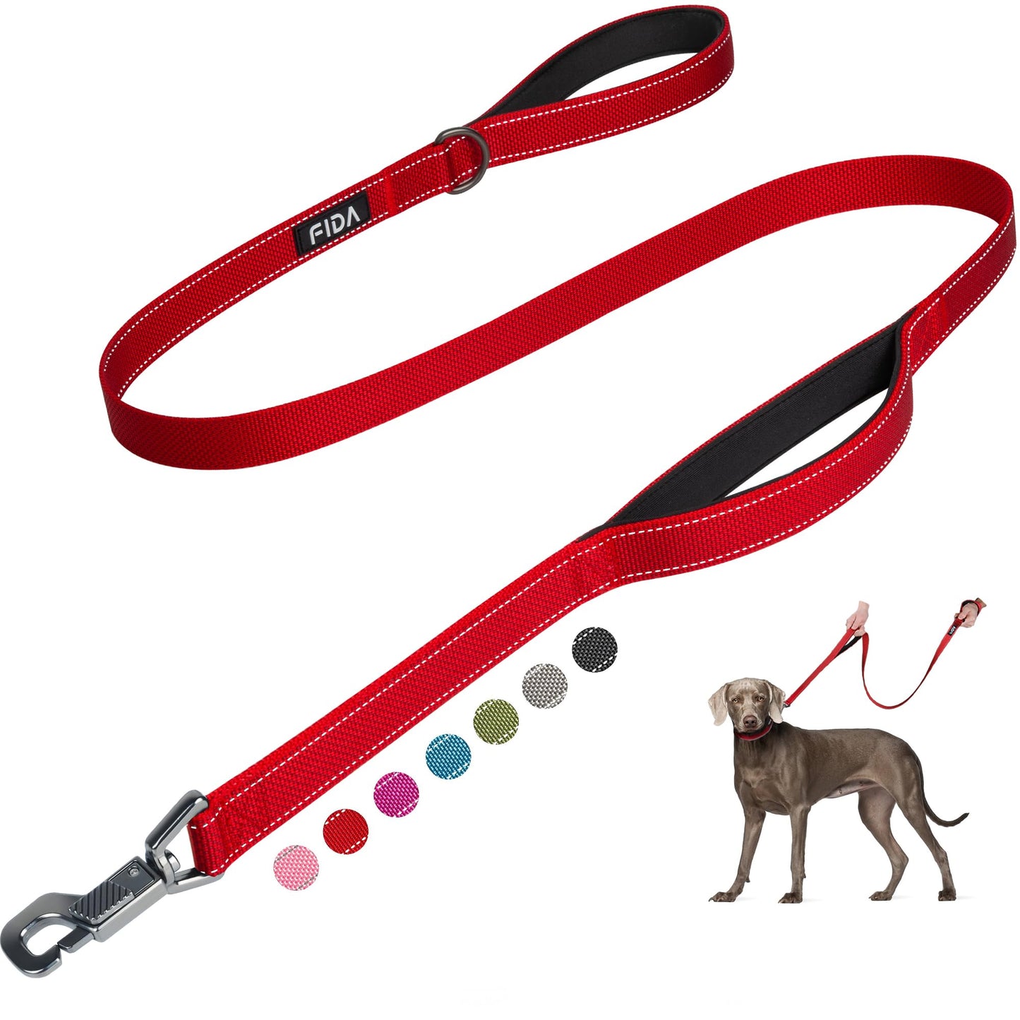 Fida 4 FT Heavy Duty Dog Leash with 2 Comfortable Padded Handles, Traffic Handle & Advanced Easy Snap Hook, Reflective Walking Lead for Large, Medium & Small Breed Dogs, Red