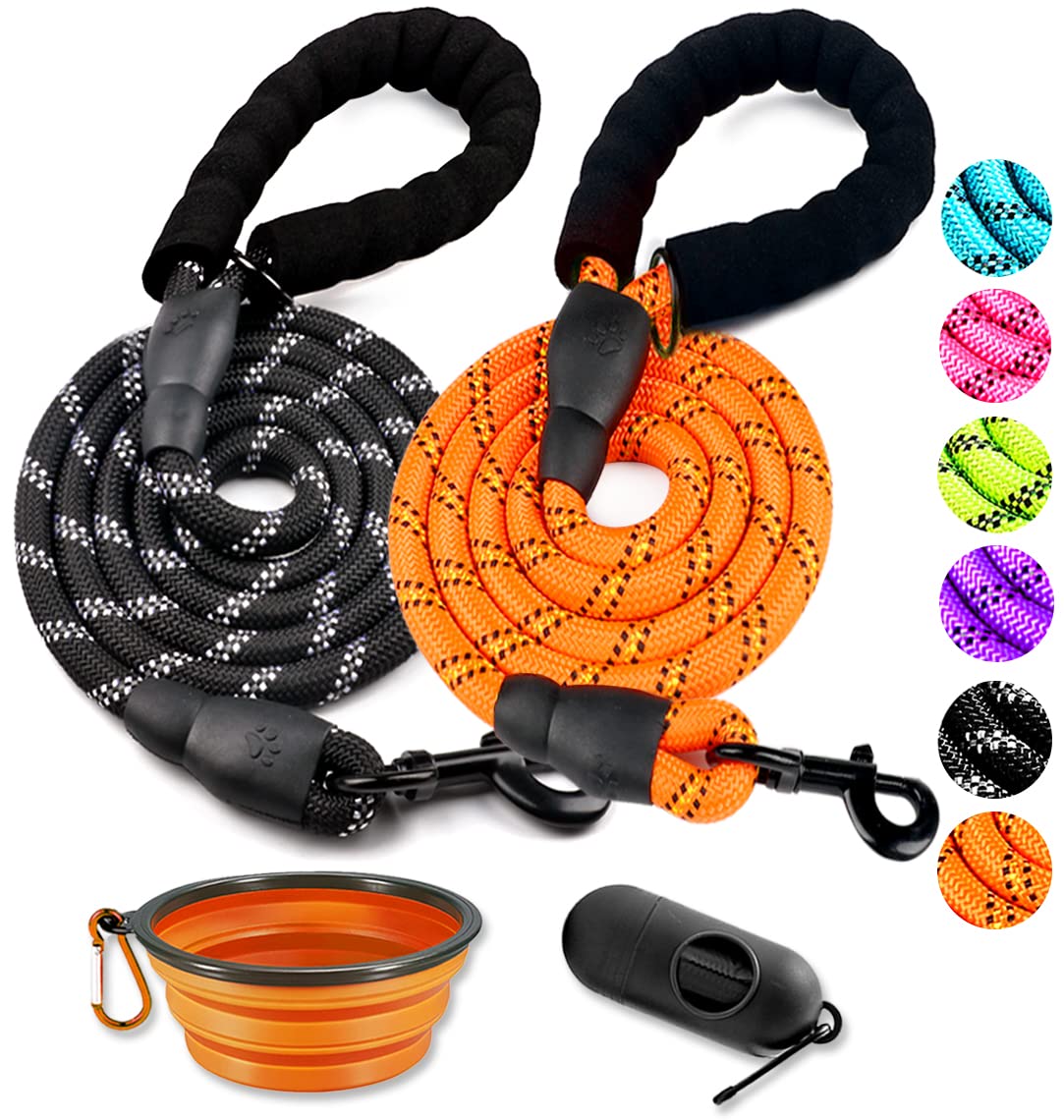 COOYOO 2 Pack Dog Leash 2/5/6 FT Heavy Duty - Comfortable Padded Handle - Reflective Dog Leash for Medium Large Dogs with Collapsible Pet Bowl