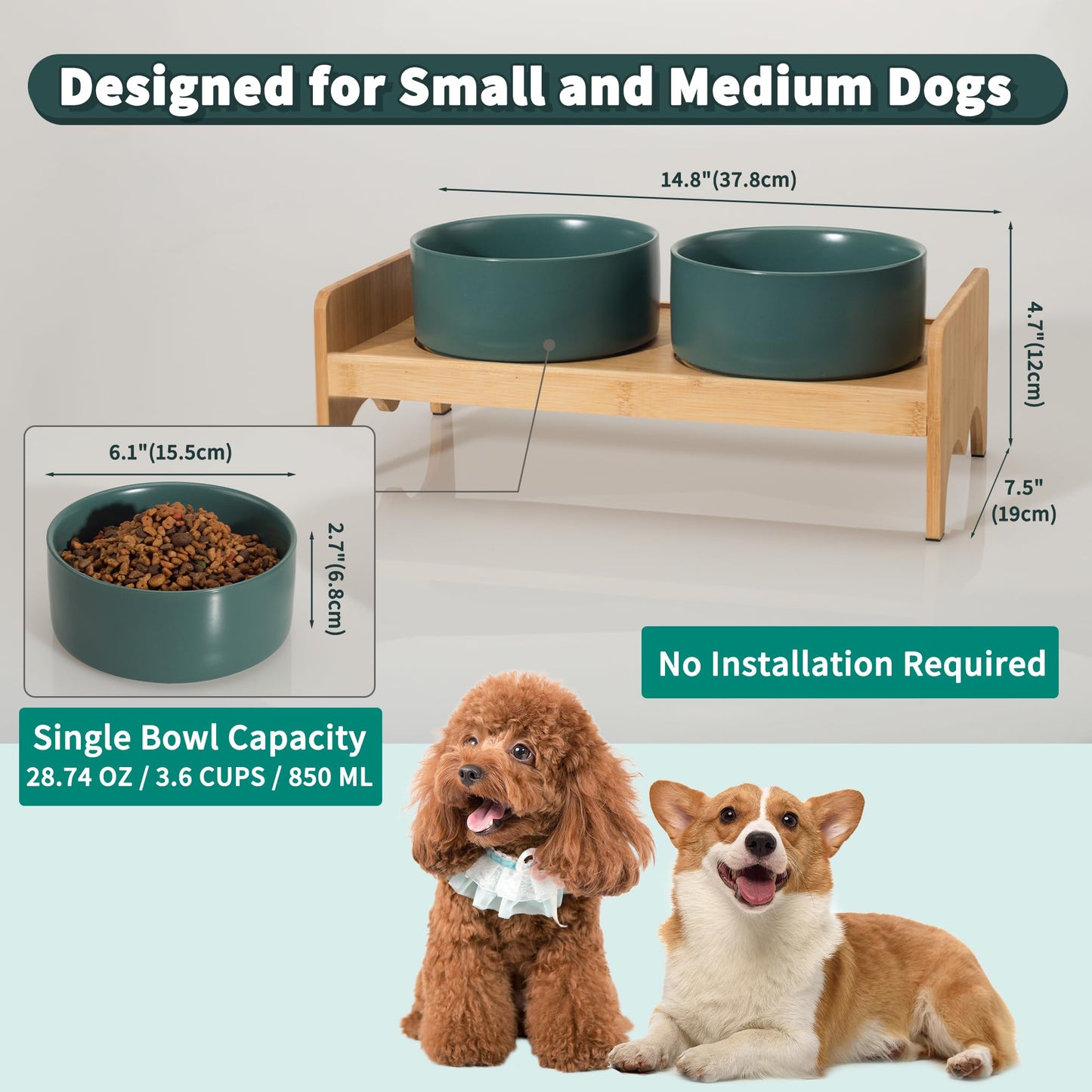 Elevated Ceramic Dog Bowl Set - Double Dog Bowls with Bamboo Stand Anti Vomiting - Raised Dog Food and Water Bowl Set - Small Dog Feeding Bowls - Pet Dishes for Cats and Puppies - 16.23 OZ - 2 Cups