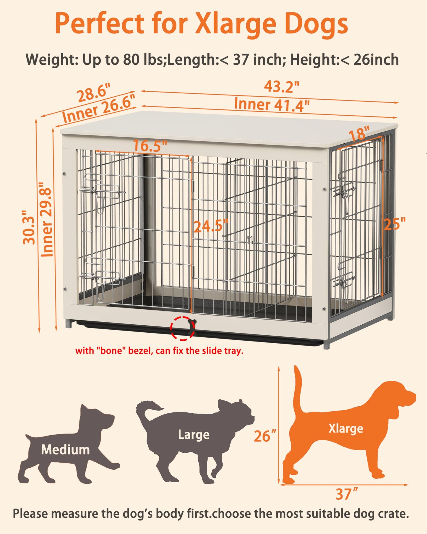 Piskyet Wooden Dog Crate Furniture with Divider Panel, Dog Crate End Table with Fixable Slide Tray, Double Doors Dog Kennel Indoor for Dogs(L:37.8" L*25.1" W*26.3" H,White)