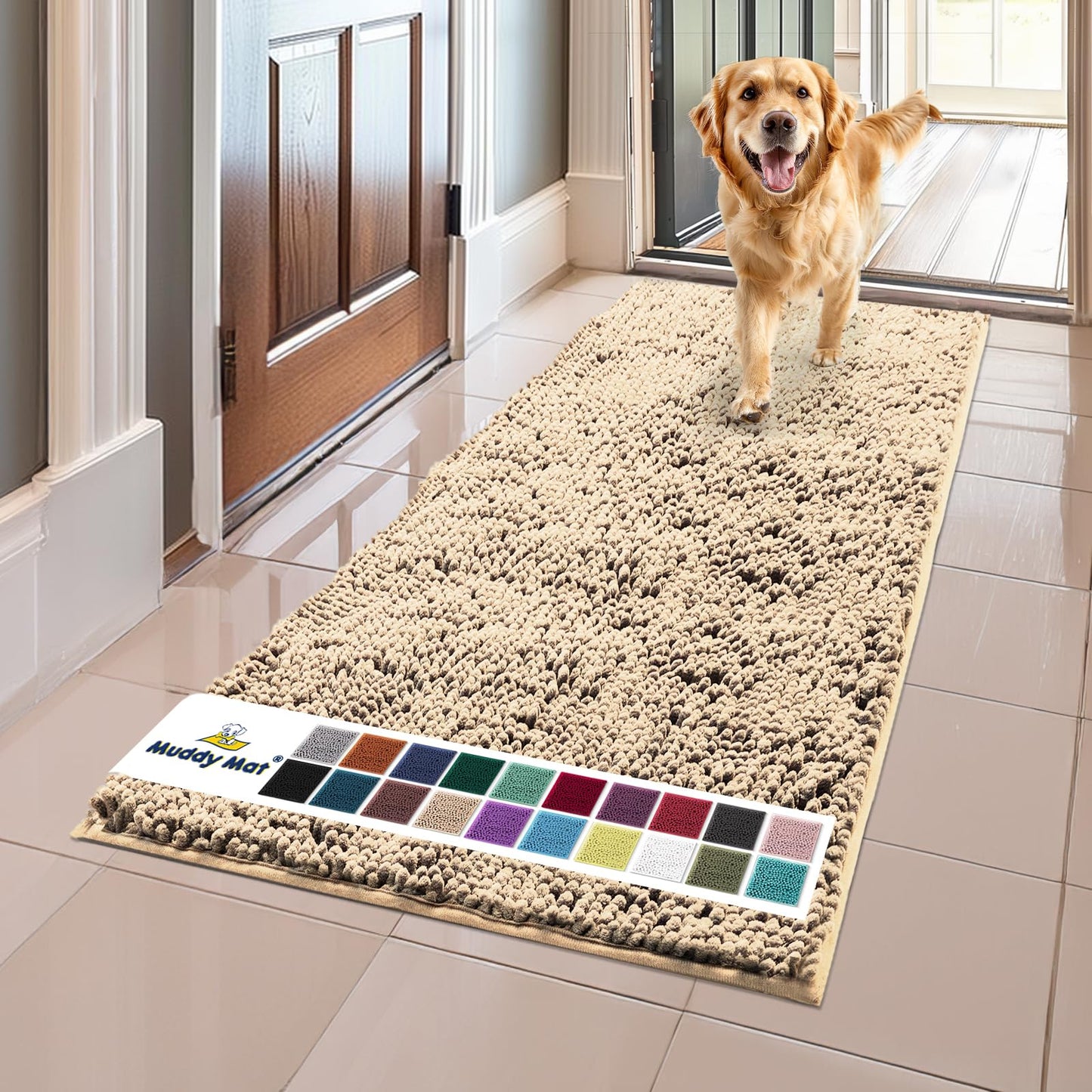 Muddy Mat® Shown on TV – Super Absorbent Microfiber Dog Door Mat for Muddy Paws, Non-Slip Washable Pet Rug, Quick Dry Chenille Entryway Carpet, Machine Washable Indoor Outdoor mat, Beige 28"x18"