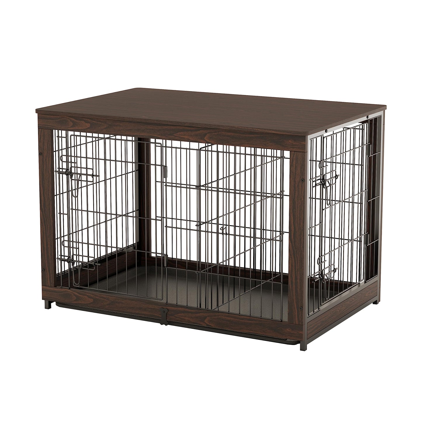 Piskyet Wooden Dog Crate Furniture with Divider Panel, Dog Crate End Table with Fixable Slide Tray, Double Doors Dog Kennel Indoor for Dogs(L:37.8" L*25.1" W*26.3" H,White)