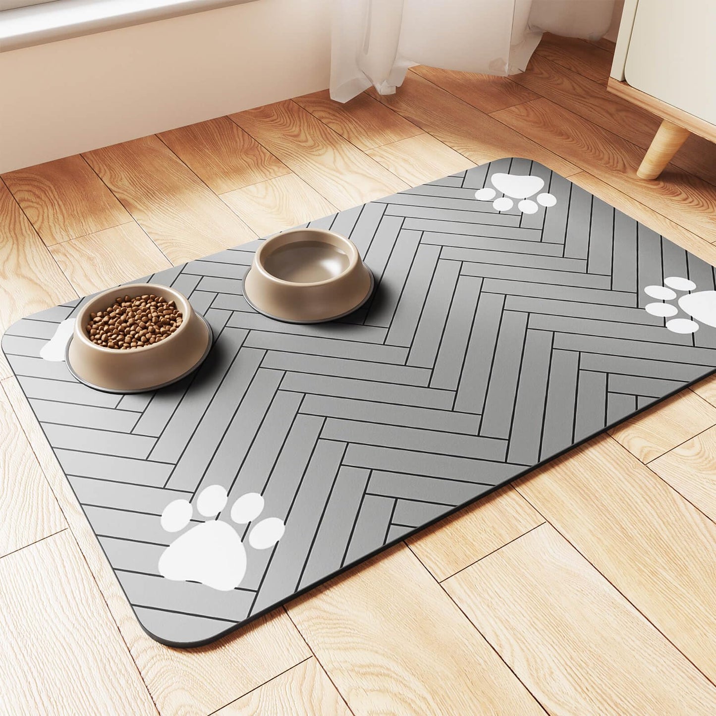 Pet Feeding Mat-Absorbent Pet Placemat for Food and Water Bowl, with Waterproof Rubber Backing, Quick Dry Water Dispenser Mat for Dog and Cat (12"x20", Striped Dark Gray)